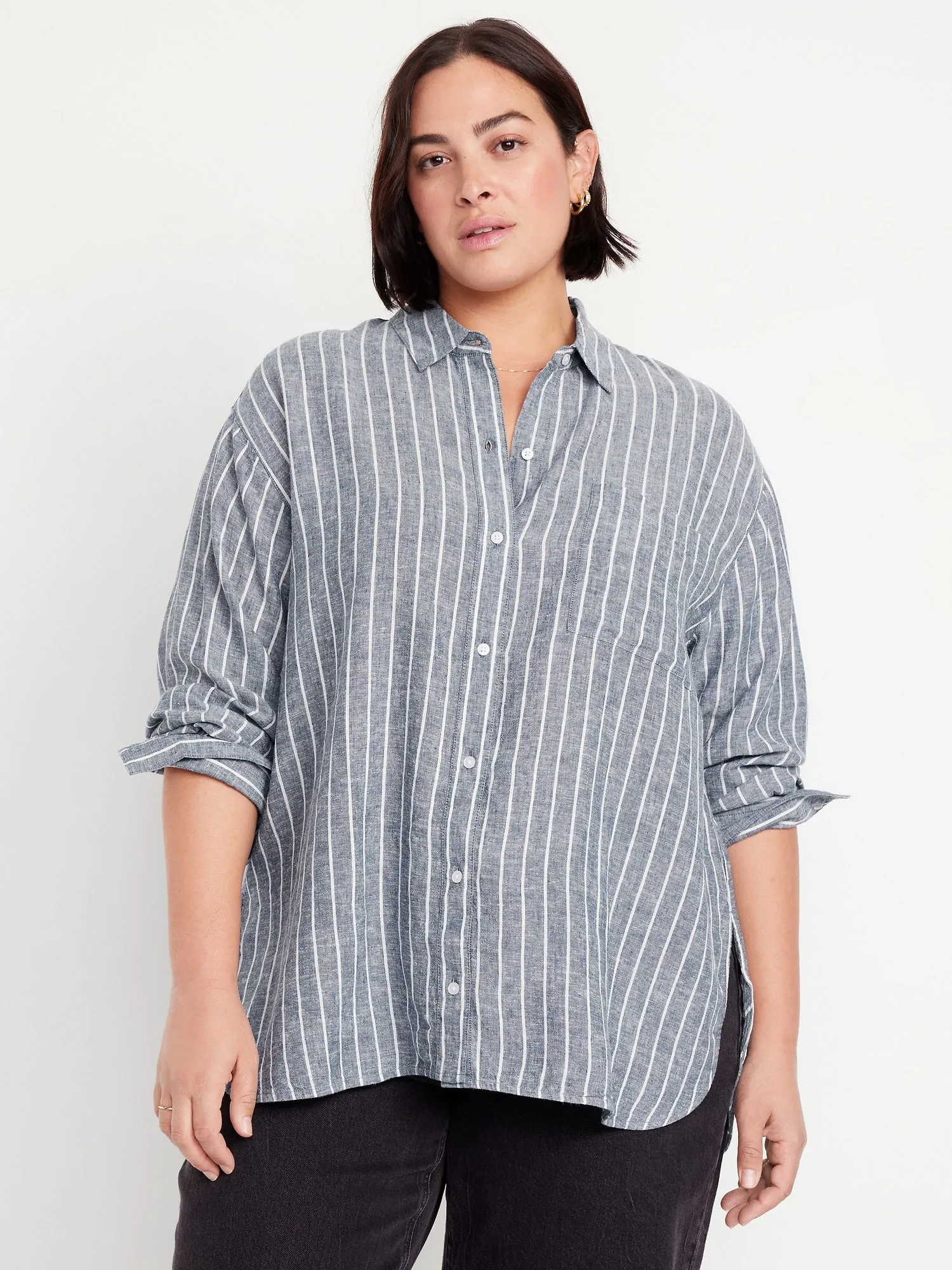 Button-Down Linen-Blend Striped Shirt
