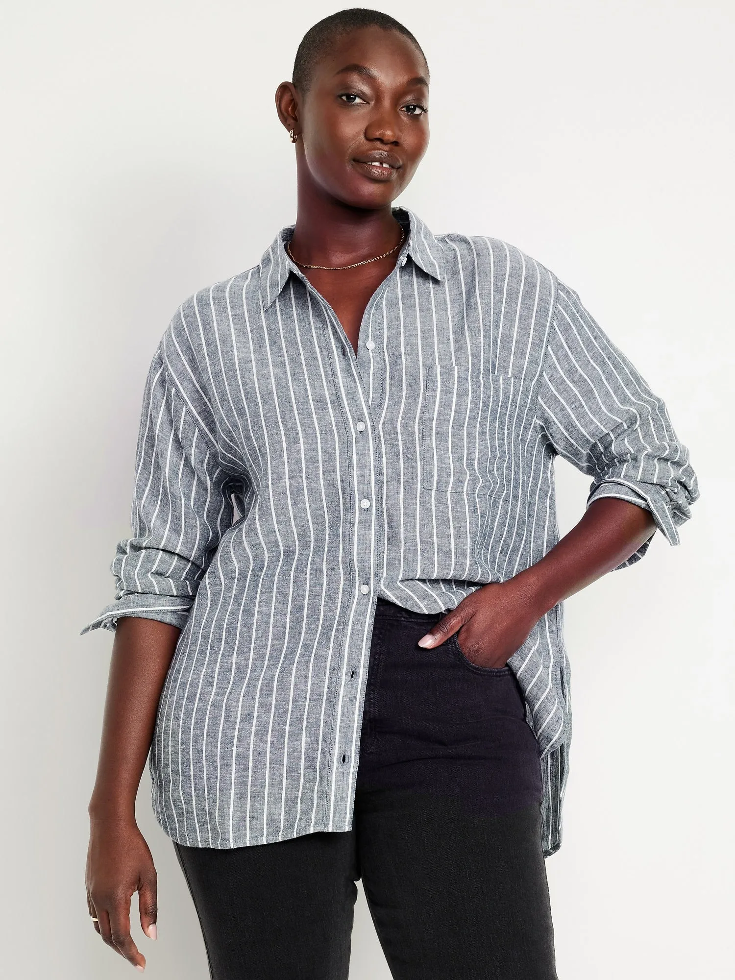 Button-Down Linen-Blend Striped Shirt