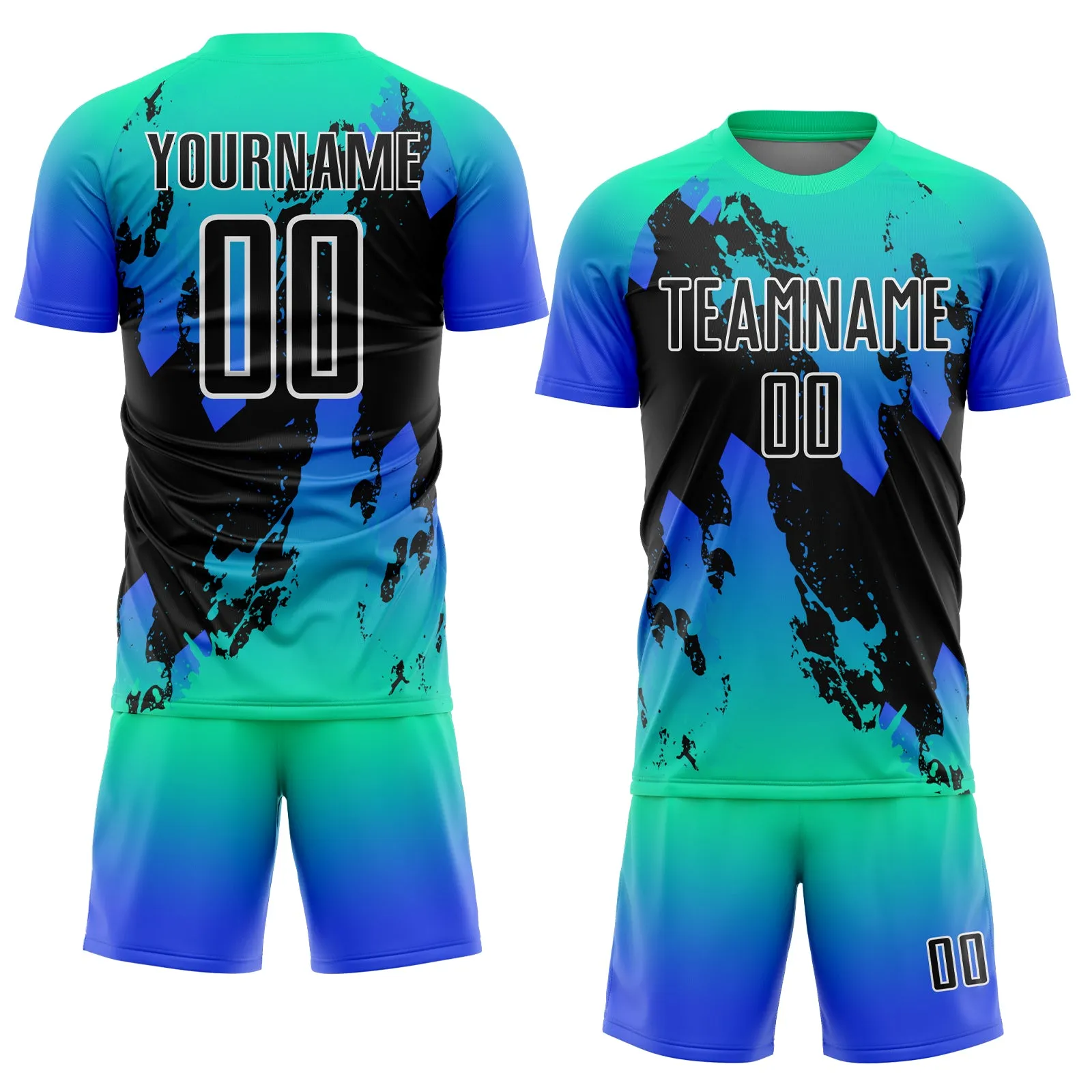 Custom Aqua Black-Thunder Blue Splash Sublimation Soccer Uniform Jersey FansIdea