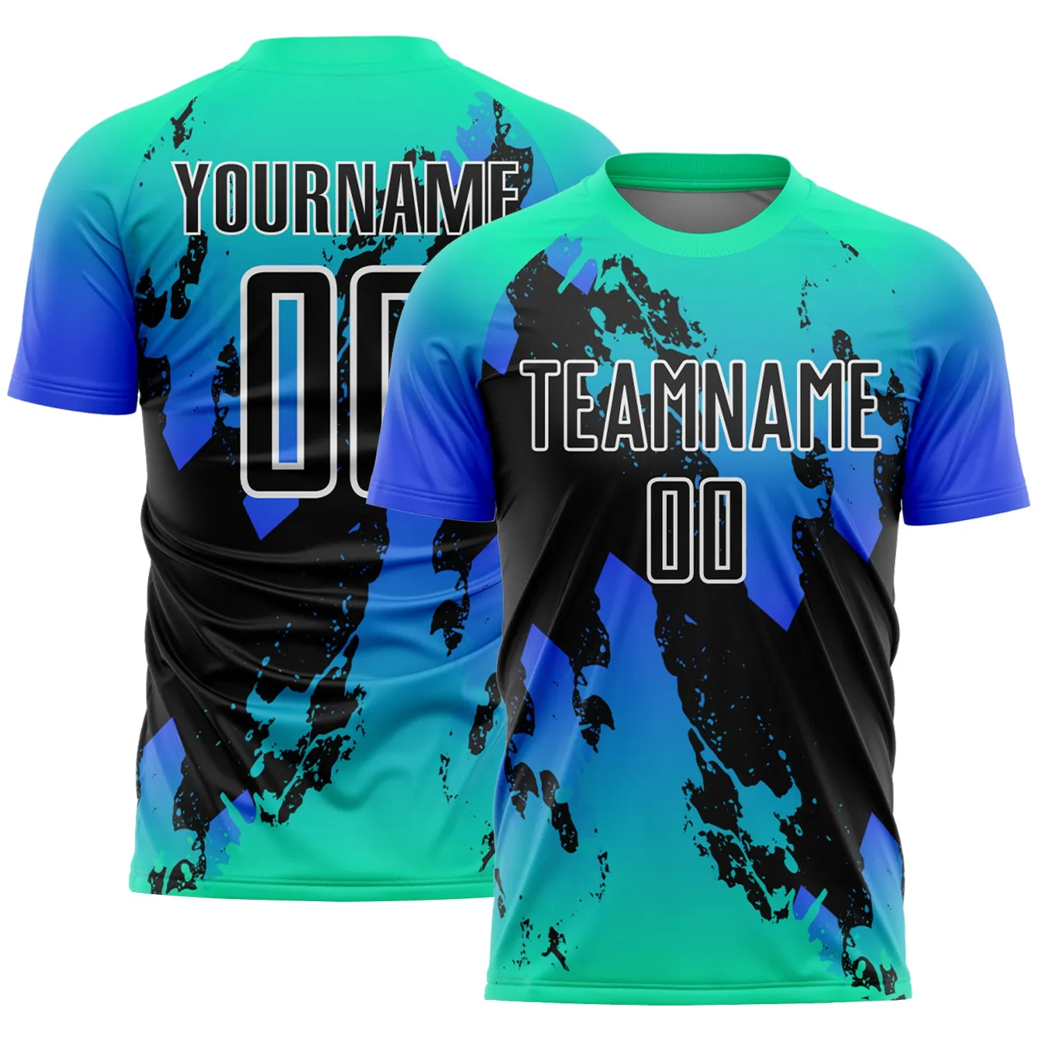 Custom Aqua Black-Thunder Blue Splash Sublimation Soccer Uniform Jersey FansIdea