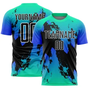 Custom Aqua Black-Thunder Blue Splash Sublimation Soccer Uniform Jersey FansIdea