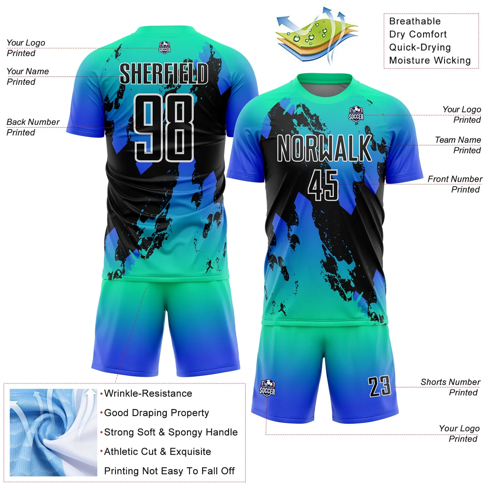 Custom Aqua Black-Thunder Blue Splash Sublimation Soccer Uniform Jersey FansIdea