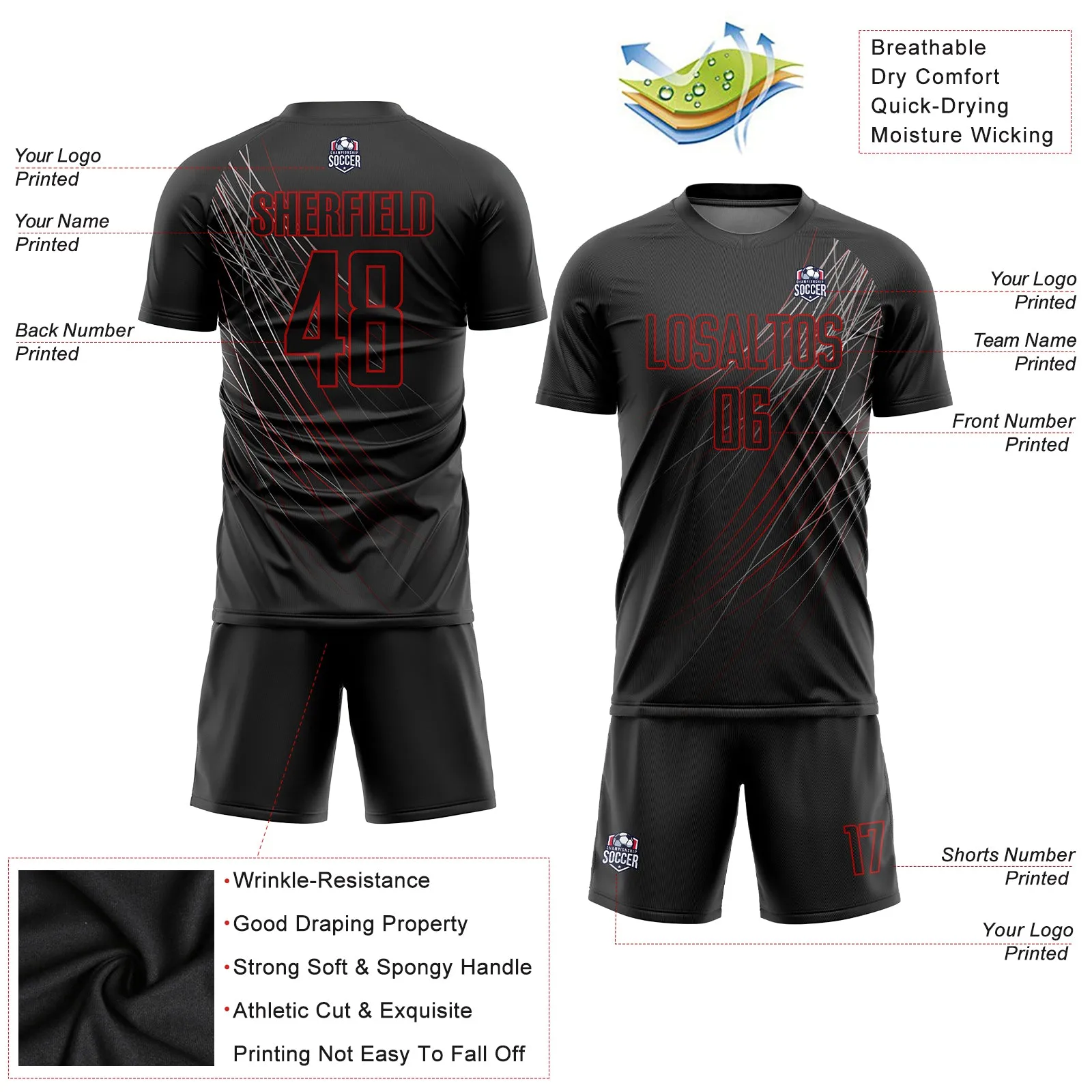 Custom Black Black-Red Sublimation Soccer Uniform Jersey FansIdea