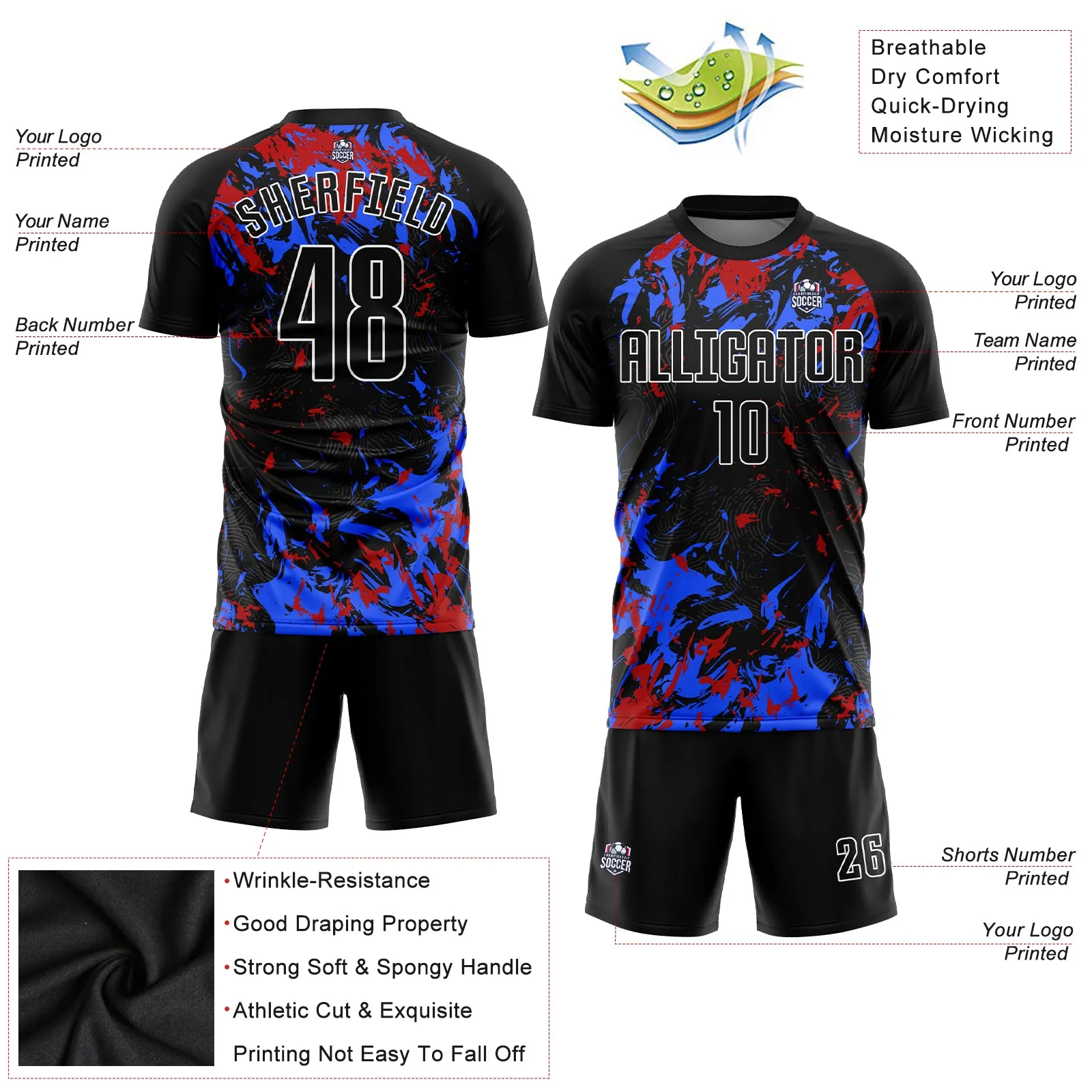 Custom Black Black Royal-Red Sublimation Soccer Uniform Jersey FansIdea
