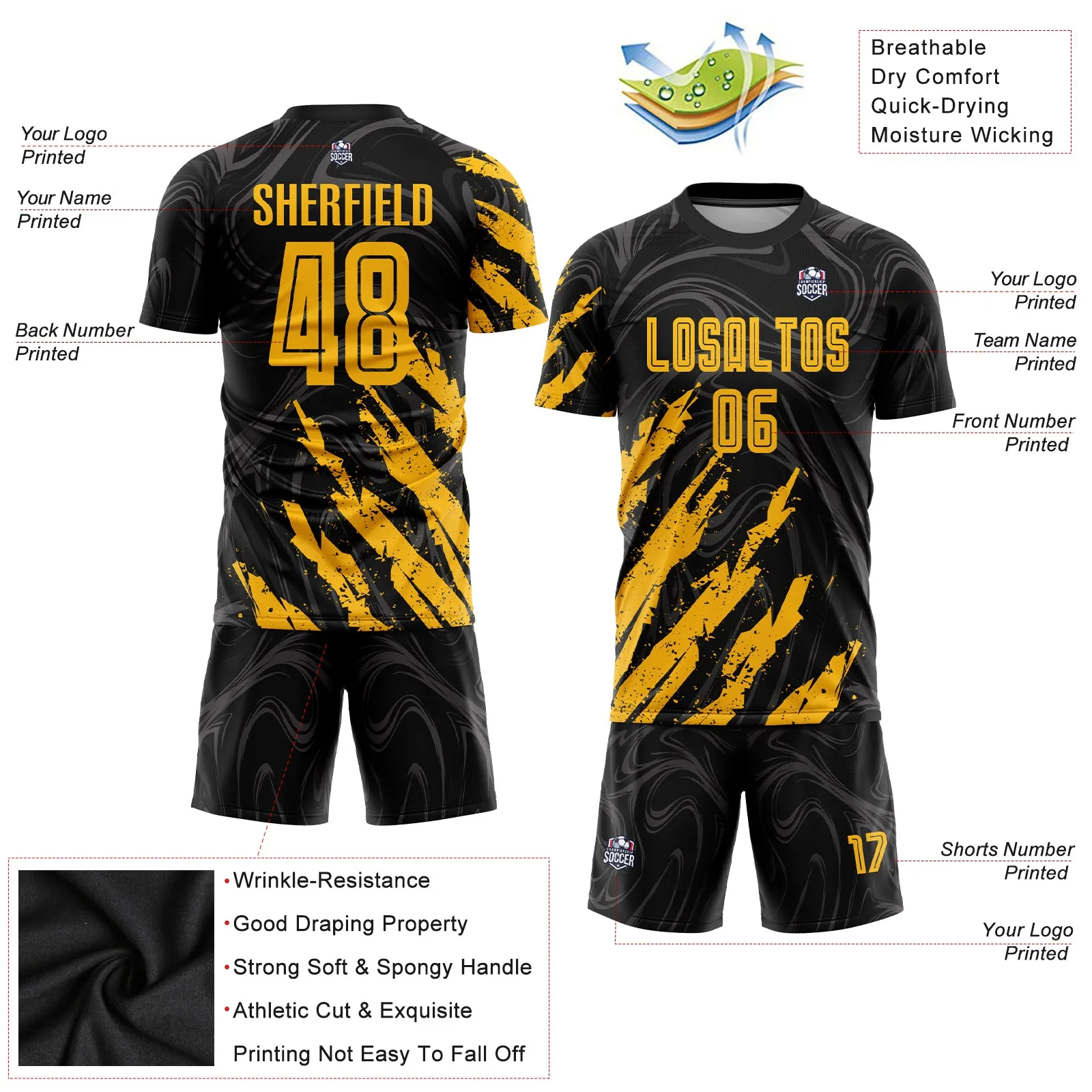 Custom Black Gold Sublimation Soccer Uniform Jersey FansIdea