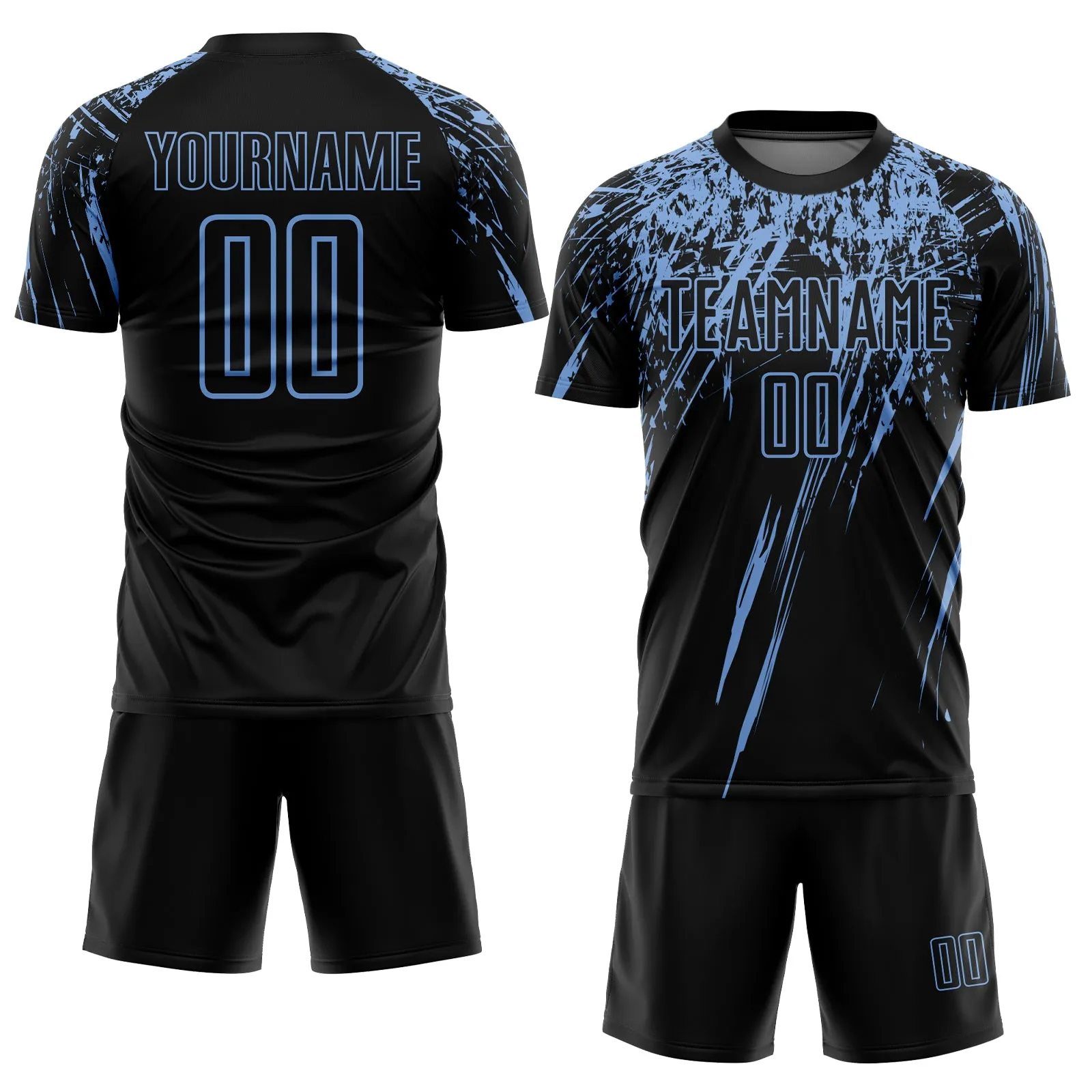 Custom Black Light Blue Sublimation Soccer Uniform Jersey FansIdea