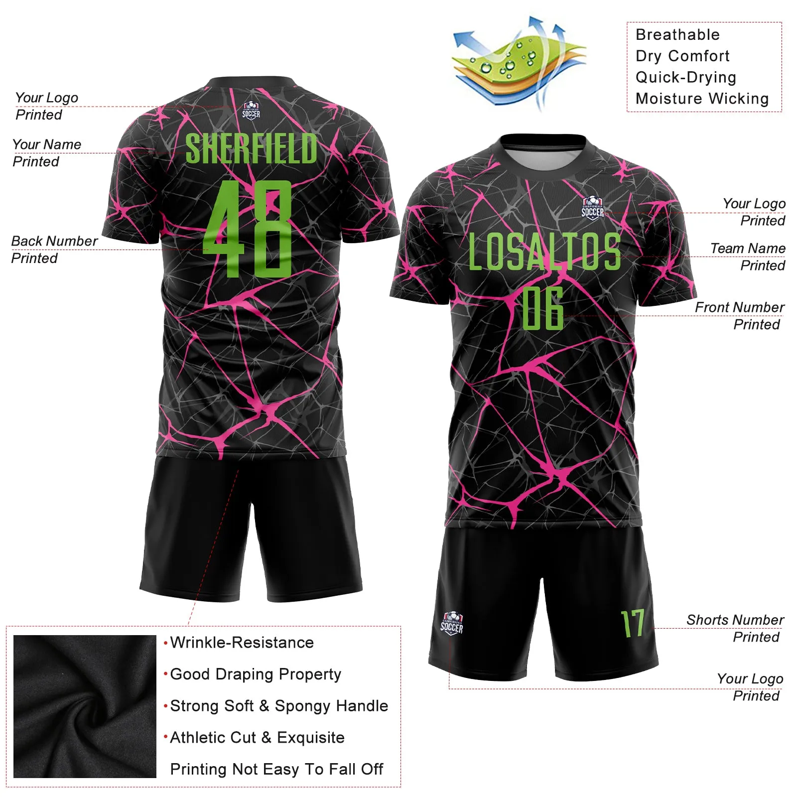 Custom Black Neon Green-Pink Sublimation Soccer Uniform Jersey FansIdea