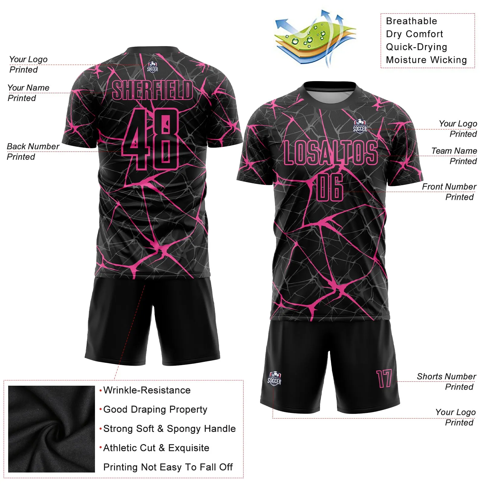 Custom Black Pink Sublimation Soccer Uniform Jersey FansIdea