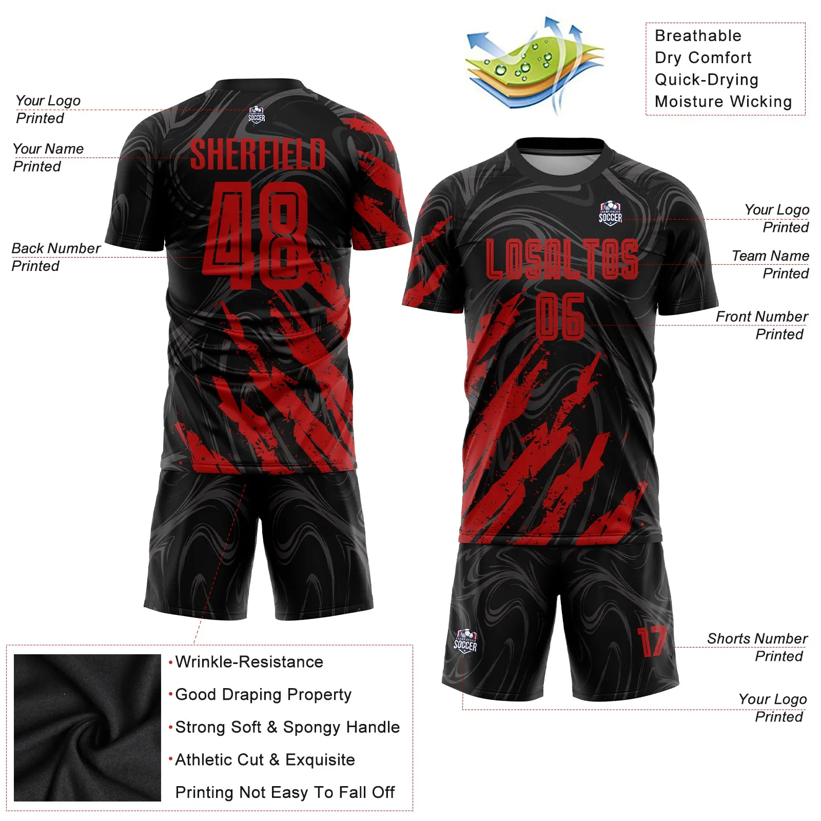 Custom Black Red Sublimation Soccer Uniform Jersey FansIdea