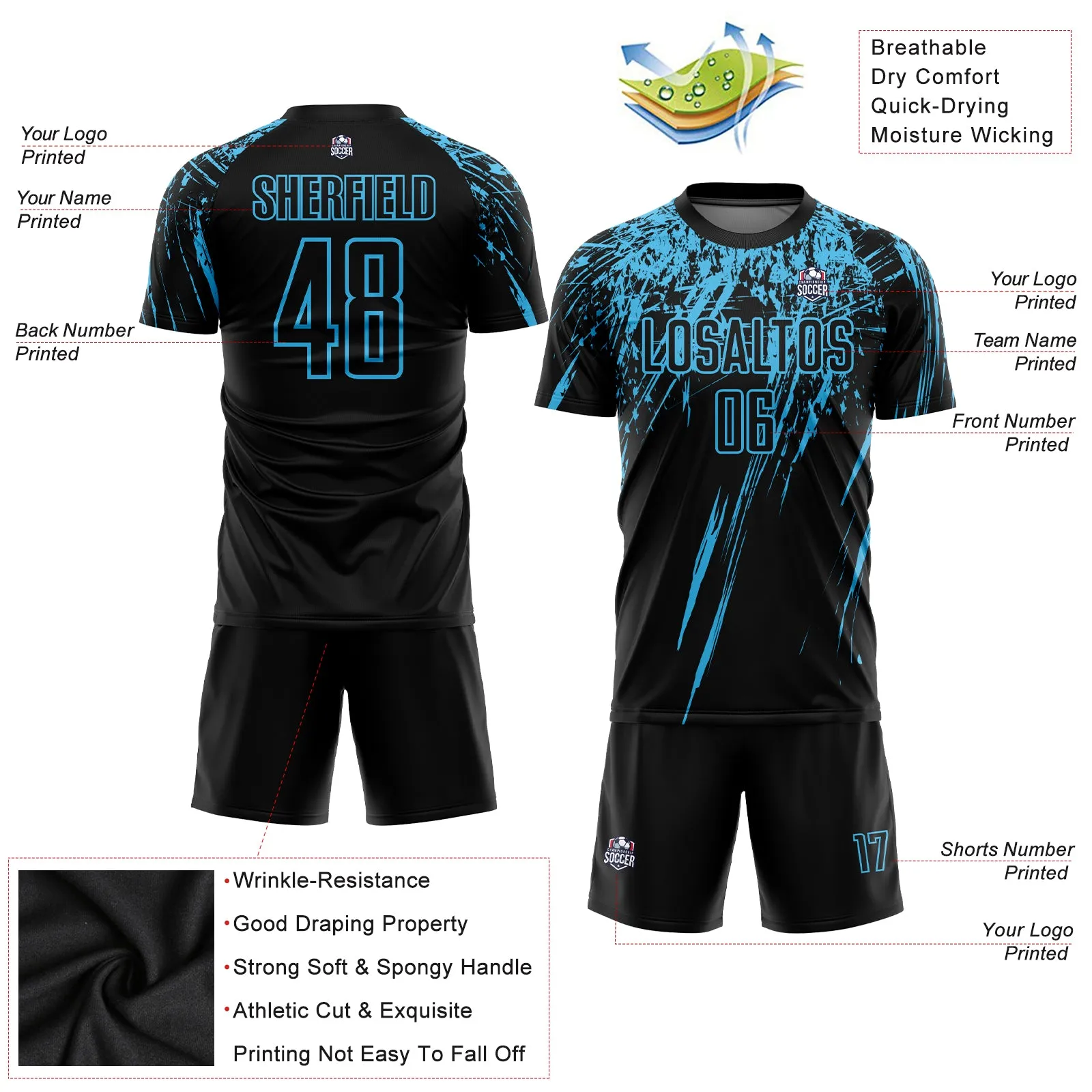 Custom Black Sky Blue Sublimation Soccer Uniform Jersey FansIdea