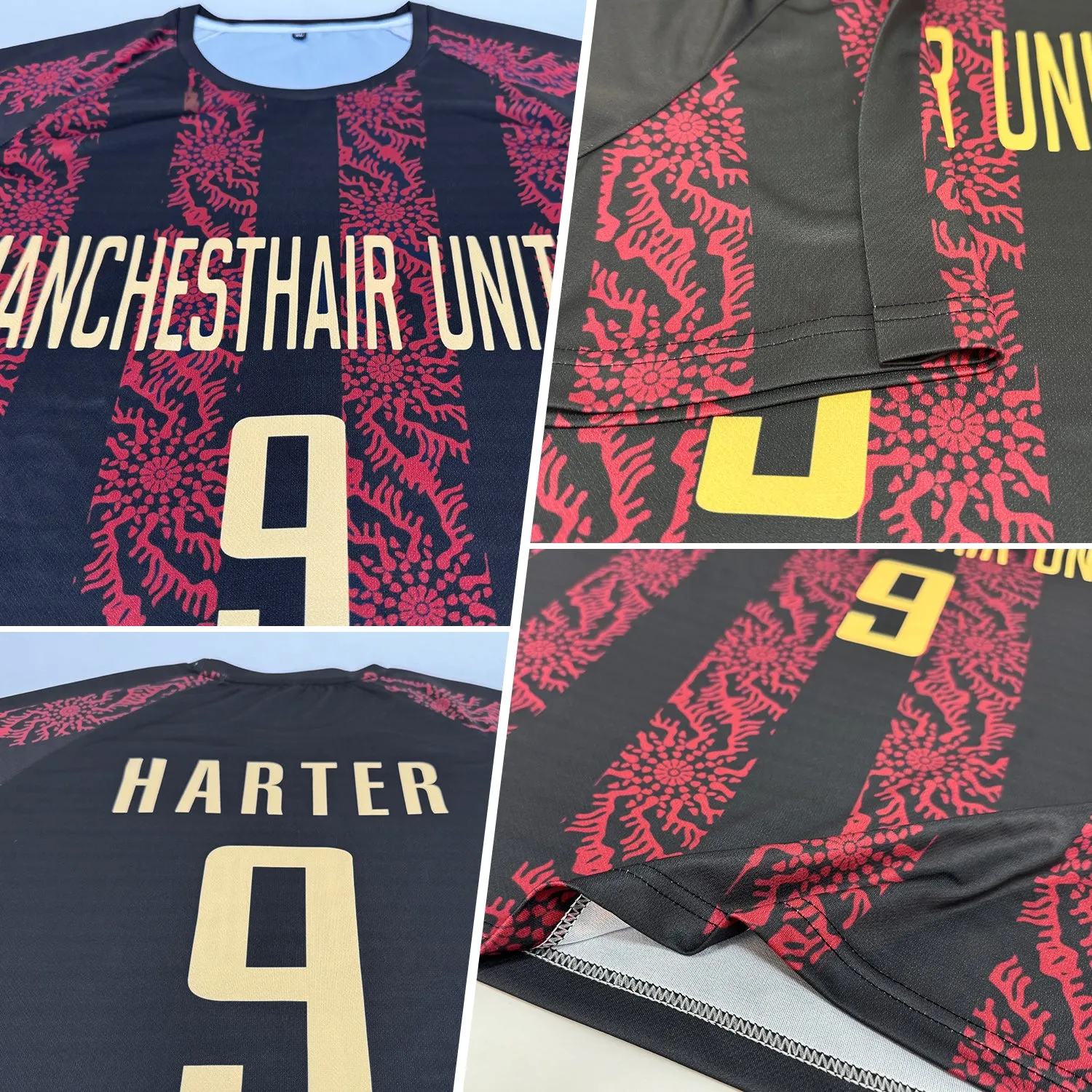 Custom Black Vegas Gold-Red Sublimation Soccer Uniform Jersey FansIdea