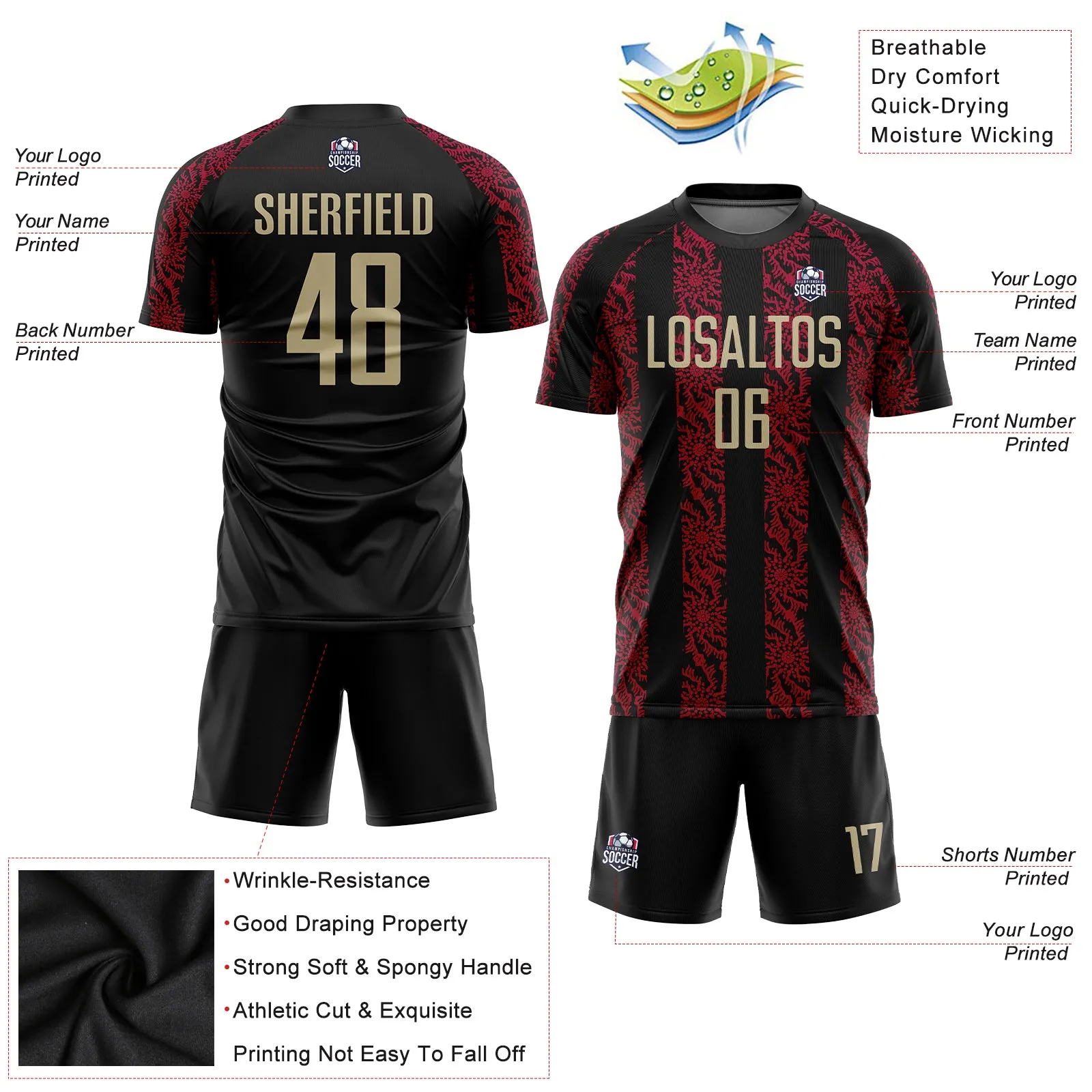Custom Black Vegas Gold-Red Sublimation Soccer Uniform Jersey FansIdea