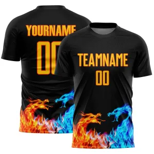 Custom Black Yellow-Orange Dragon Flame Sublimation Soccer Uniform Jersey FansIdea