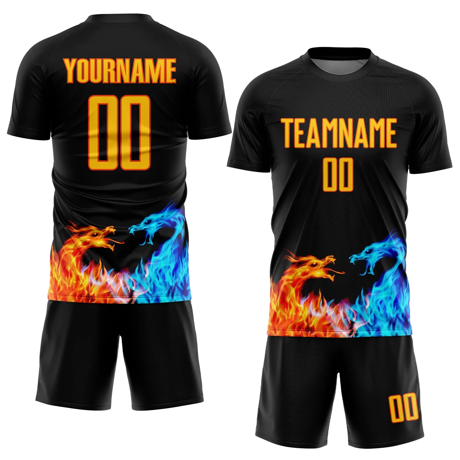 Custom Black Yellow-Orange Dragon Flame Sublimation Soccer Uniform Jersey FansIdea