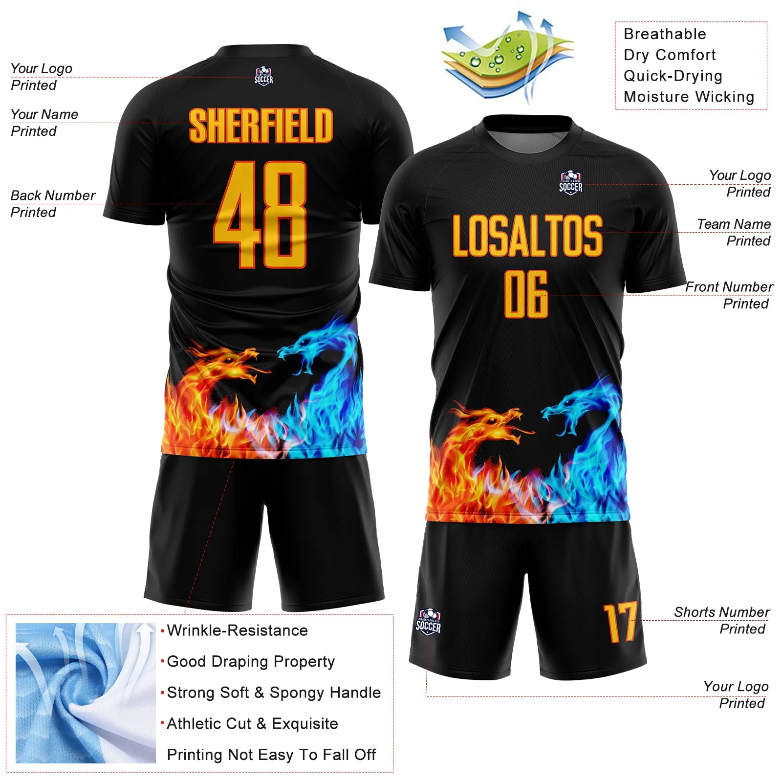 Custom Black Yellow-Orange Dragon Flame Sublimation Soccer Uniform Jersey FansIdea