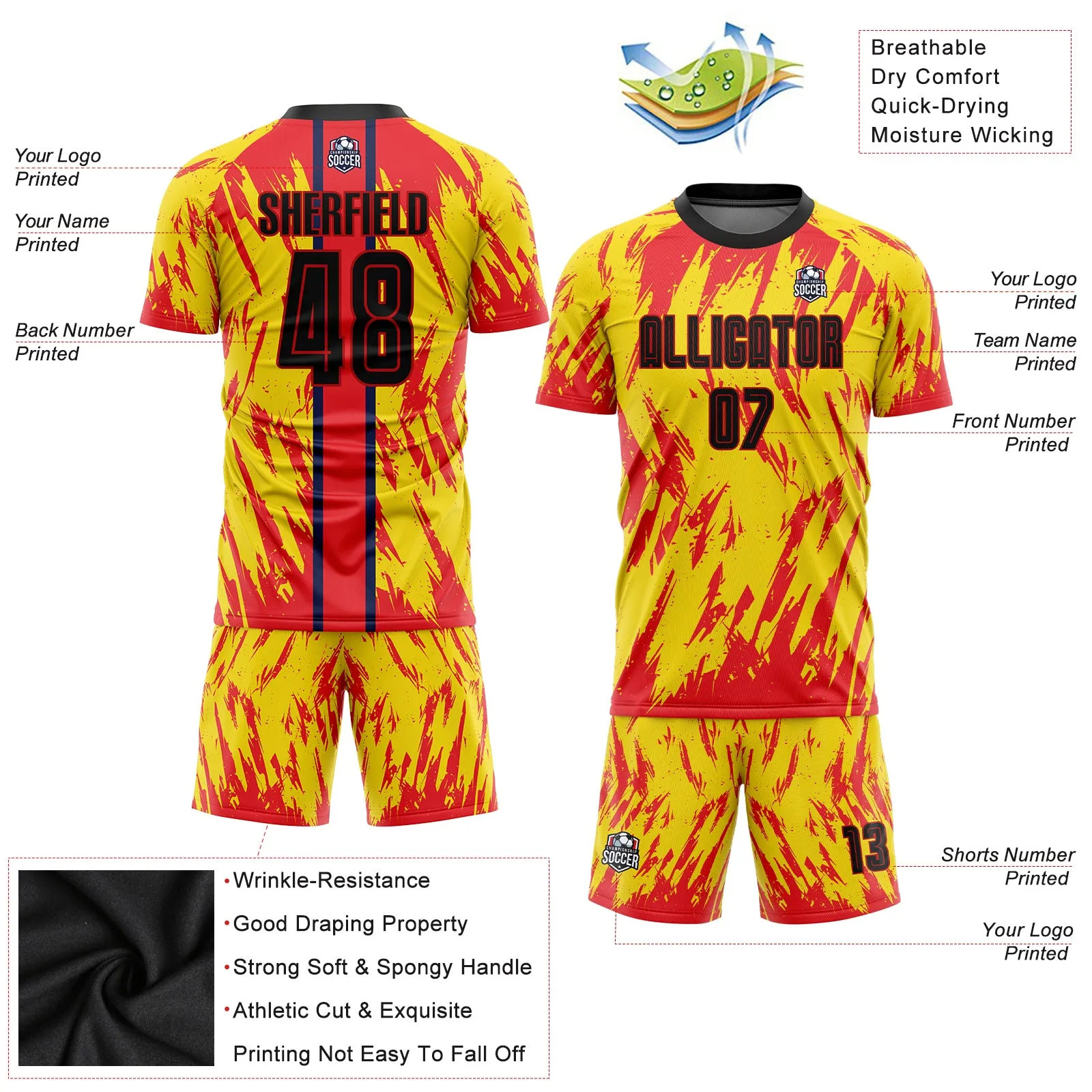 Custom Gold Black-Red Sublimation Soccer Uniform Jersey FansIdea