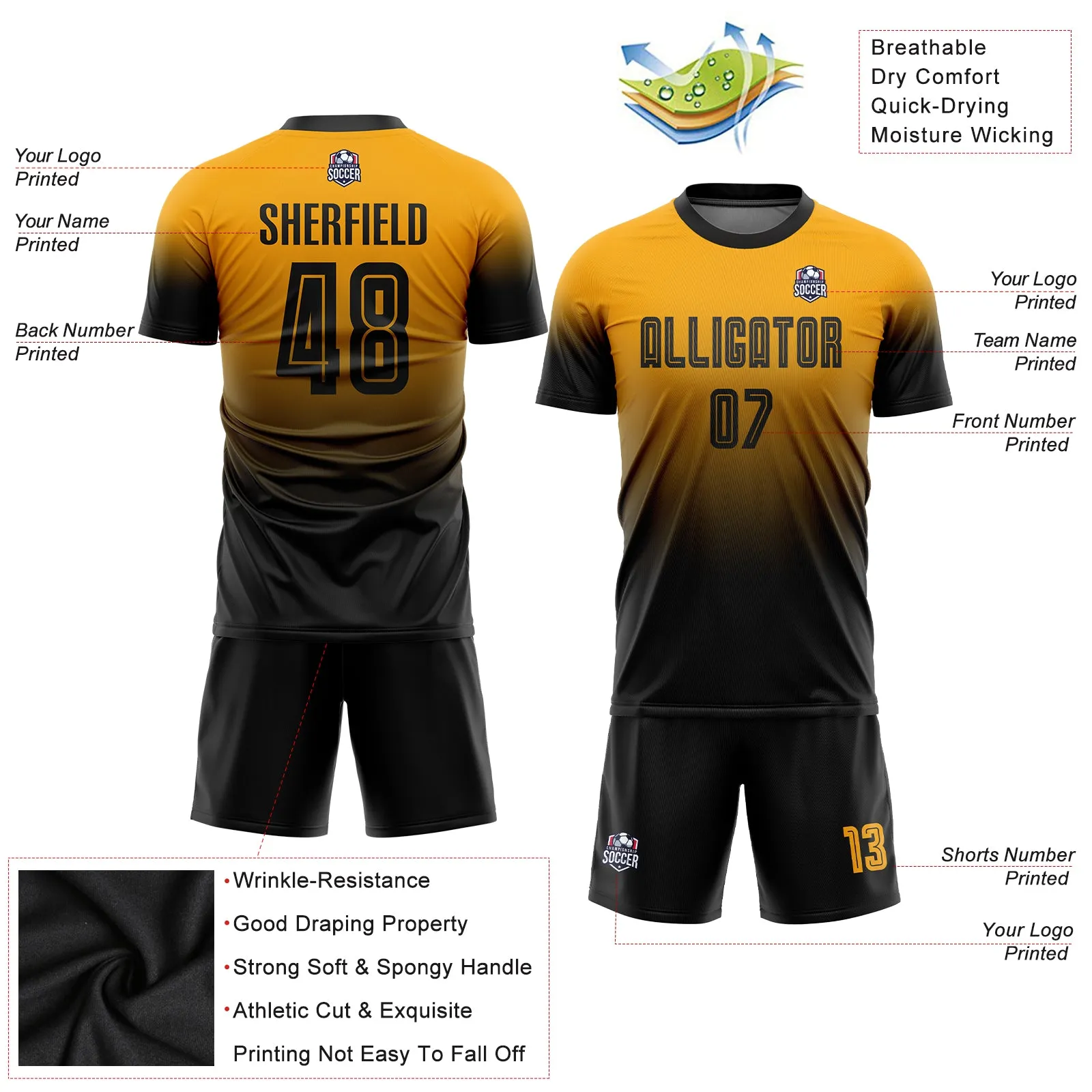 Custom Gold Black Sublimation Fade Fashion Soccer Uniform Jersey FansIdea