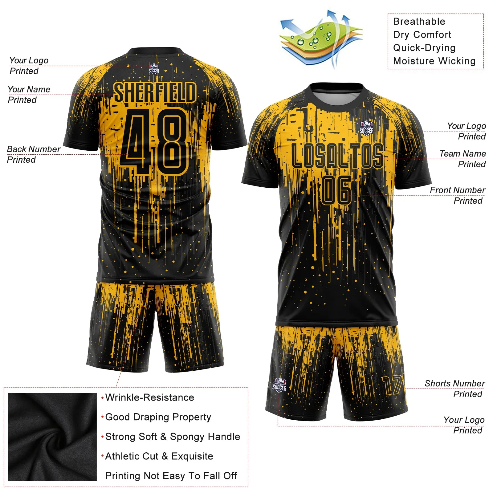 Custom Gold Black Sublimation Soccer Uniform Jersey FansIdea