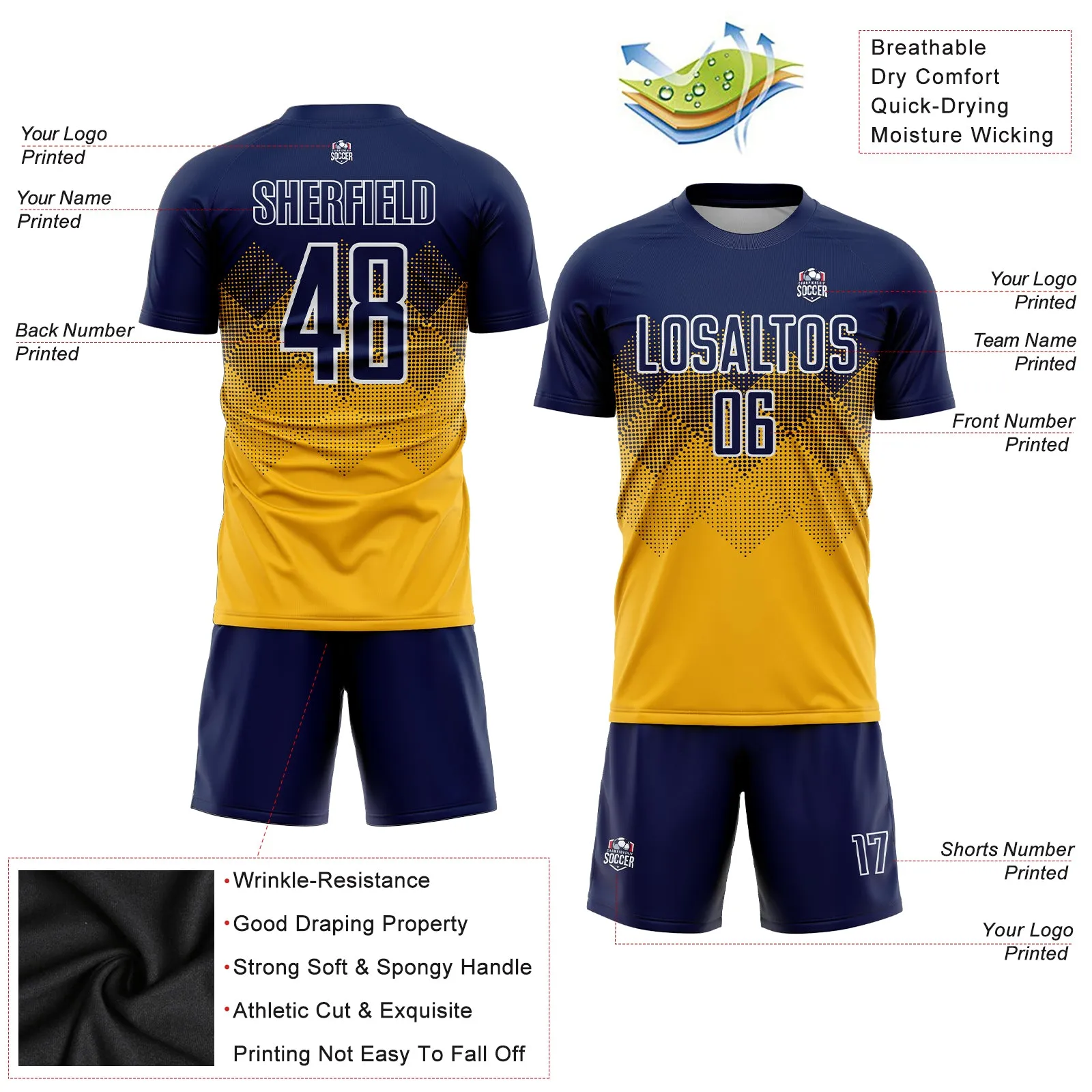 Custom Gold Navy-White Sublimation Soccer Uniform Jersey FansIdea