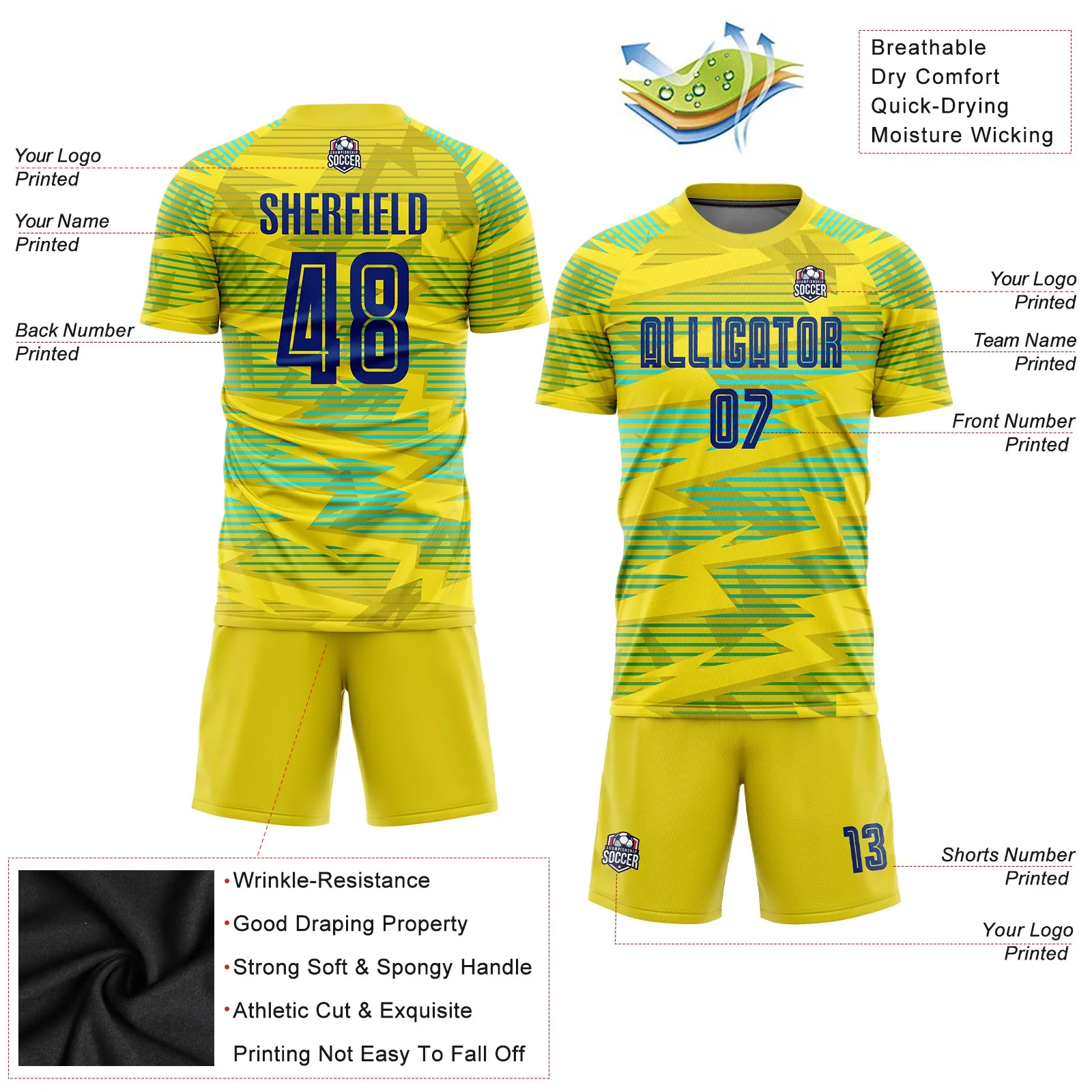 Custom Gold Royal-Light Blue Away Sublimation Soccer Uniform Jersey FansIdea