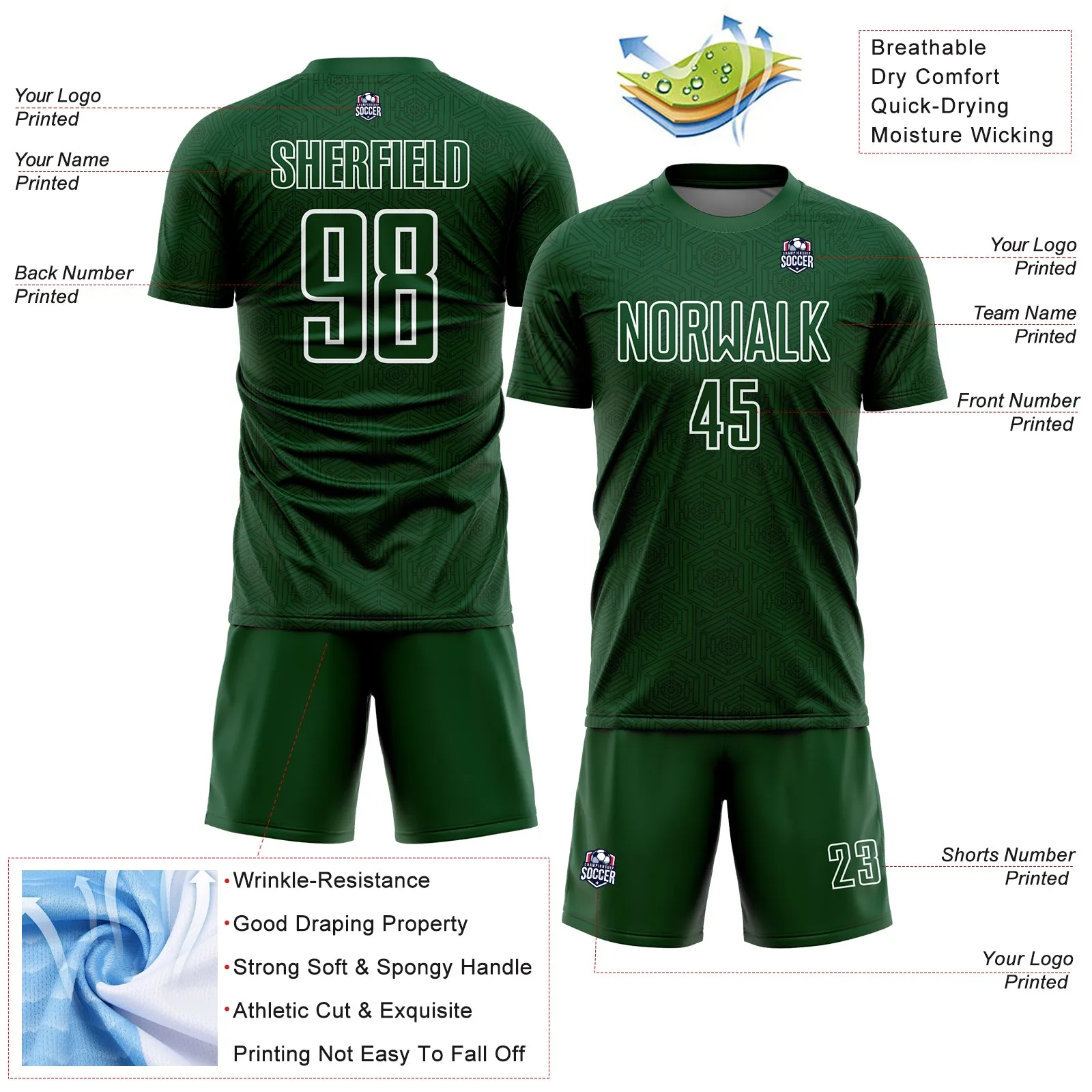 Custom Green White Geometric Shapes Sublimation Soccer Uniform Jersey FansIdea