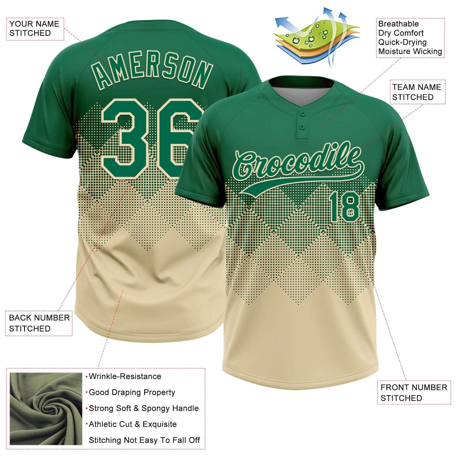 Custom Kelly Green Cream 3D Gradient Square Shape Two-Button Unisex Softball Jersey FansIdea