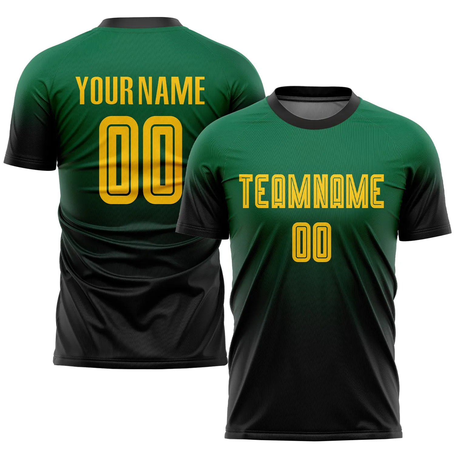 Custom Kelly Green Gold-Black Sublimation Fade Fashion Soccer Uniform Jersey FansIdea