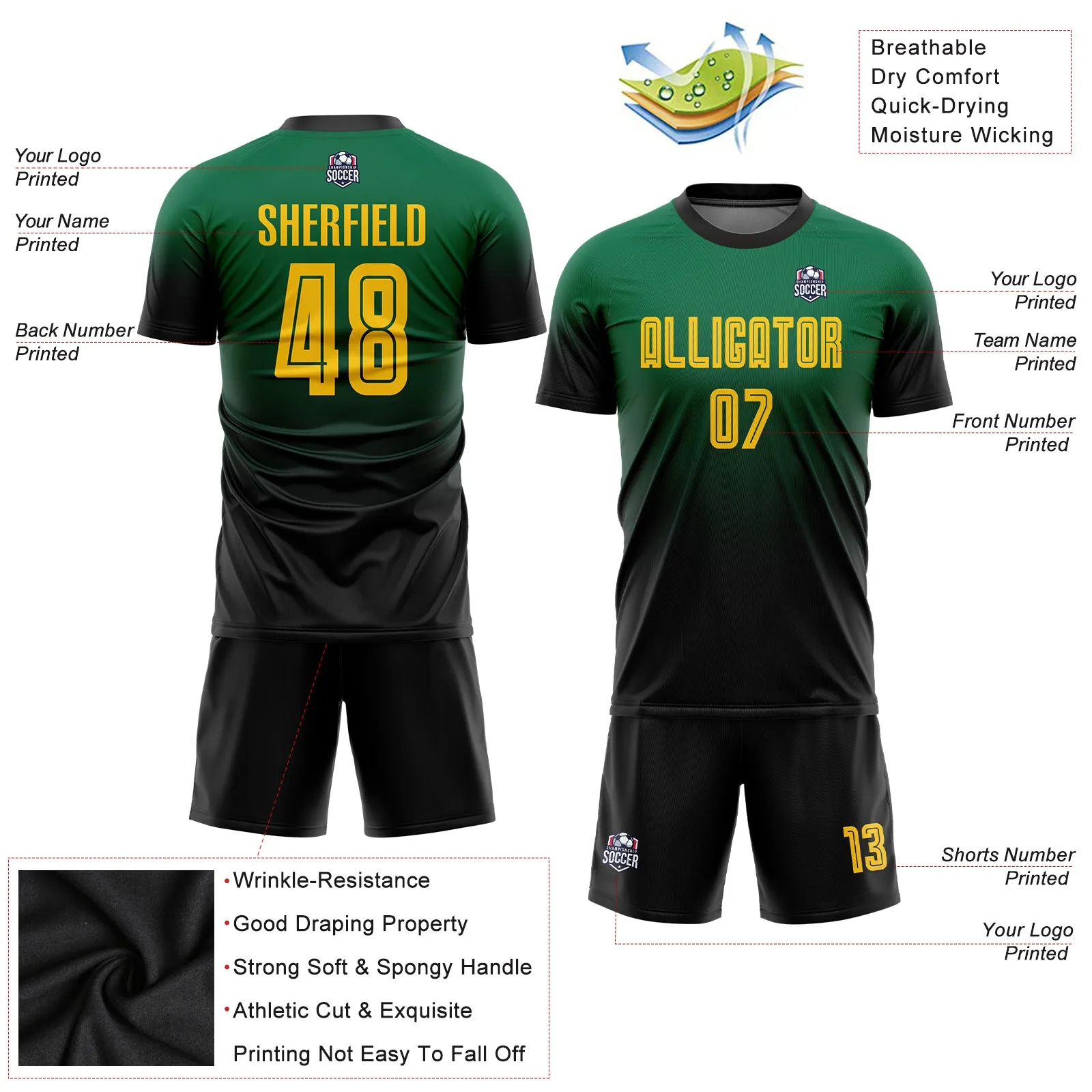 Custom Kelly Green Gold-Black Sublimation Fade Fashion Soccer Uniform Jersey FansIdea