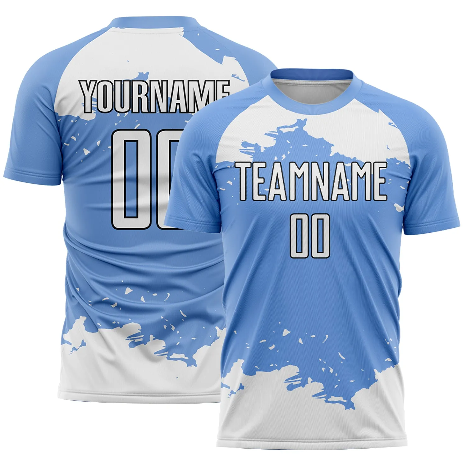 Custom Light Blue White-Black Abstract Fragment Art Sublimation Soccer Uniform Jersey FansIdea