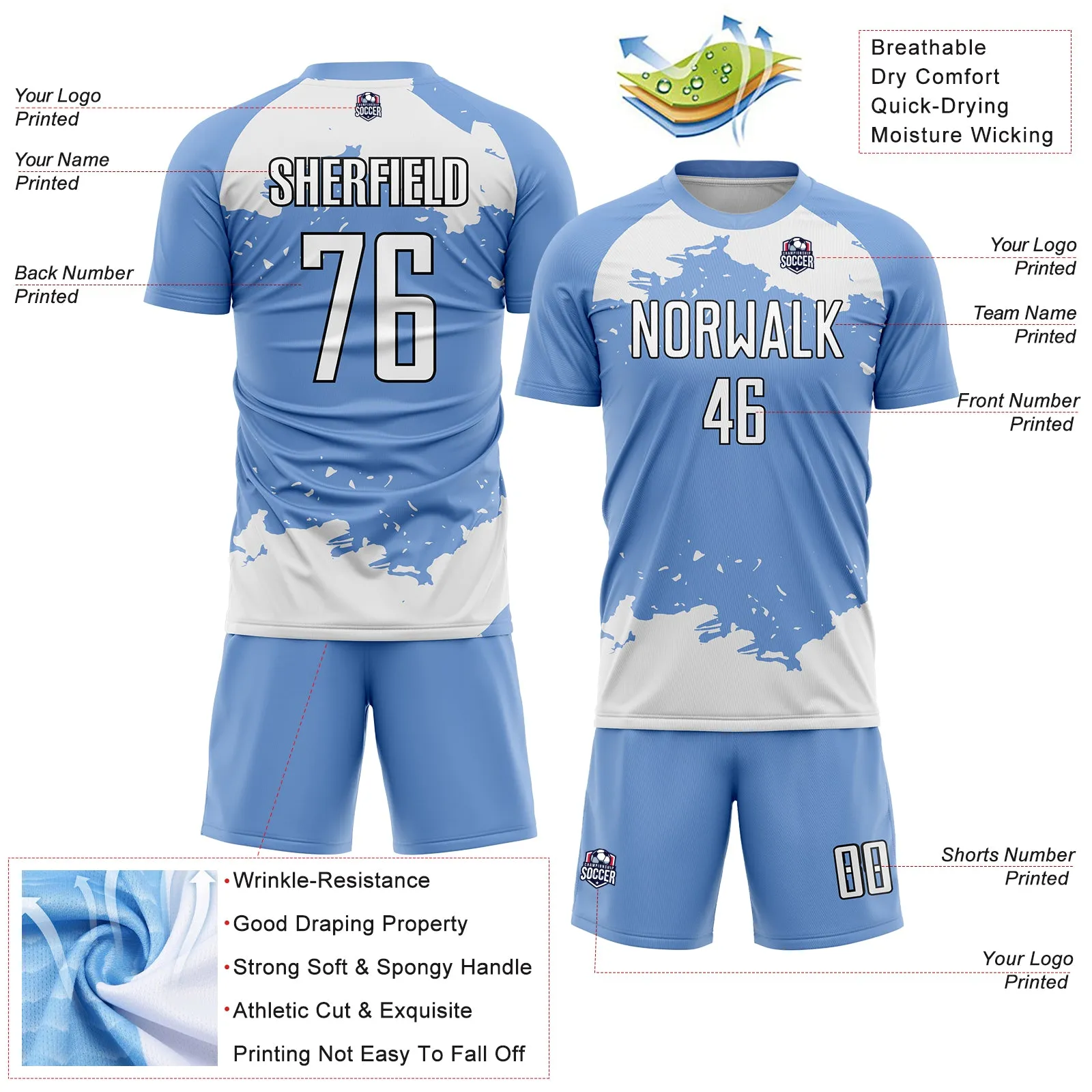 Custom Light Blue White-Black Abstract Fragment Art Sublimation Soccer Uniform Jersey FansIdea