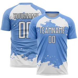 Custom Light Blue White-Black Abstract Fragment Art Sublimation Soccer Uniform Jersey FansIdea