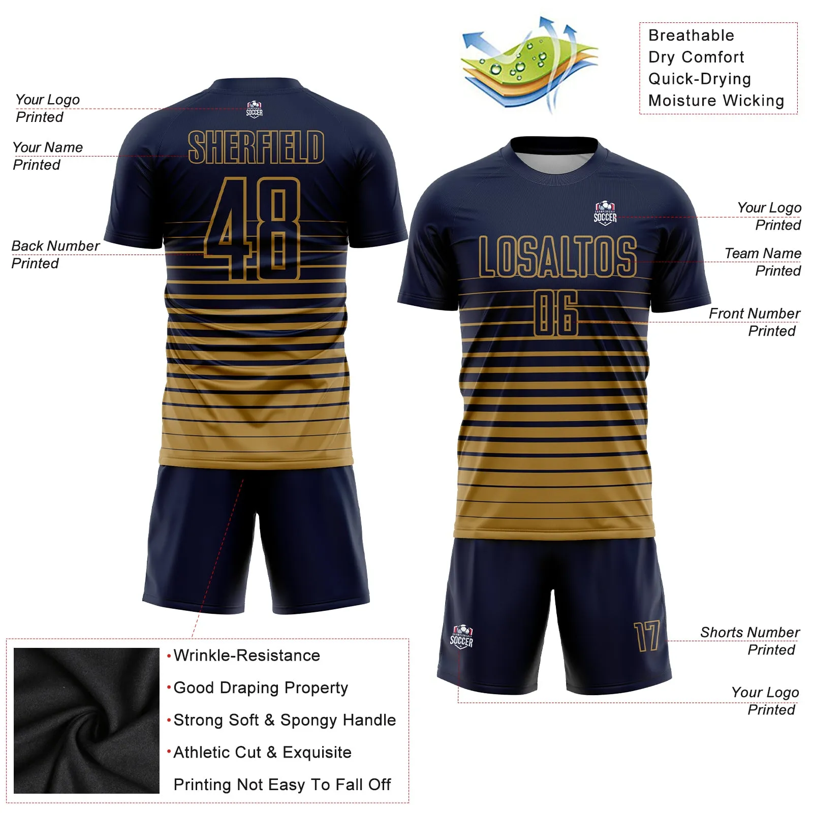 Custom Navy Old Gold Pinstripe Fade Fashion Sublimation Soccer Uniform Jersey FansIdea