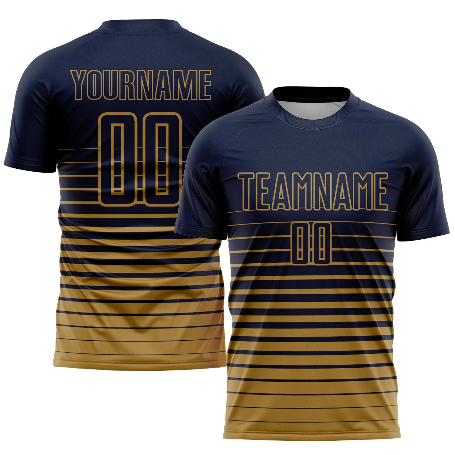 Custom Navy Old Gold Pinstripe Fade Fashion Sublimation Soccer Uniform Jersey FansIdea