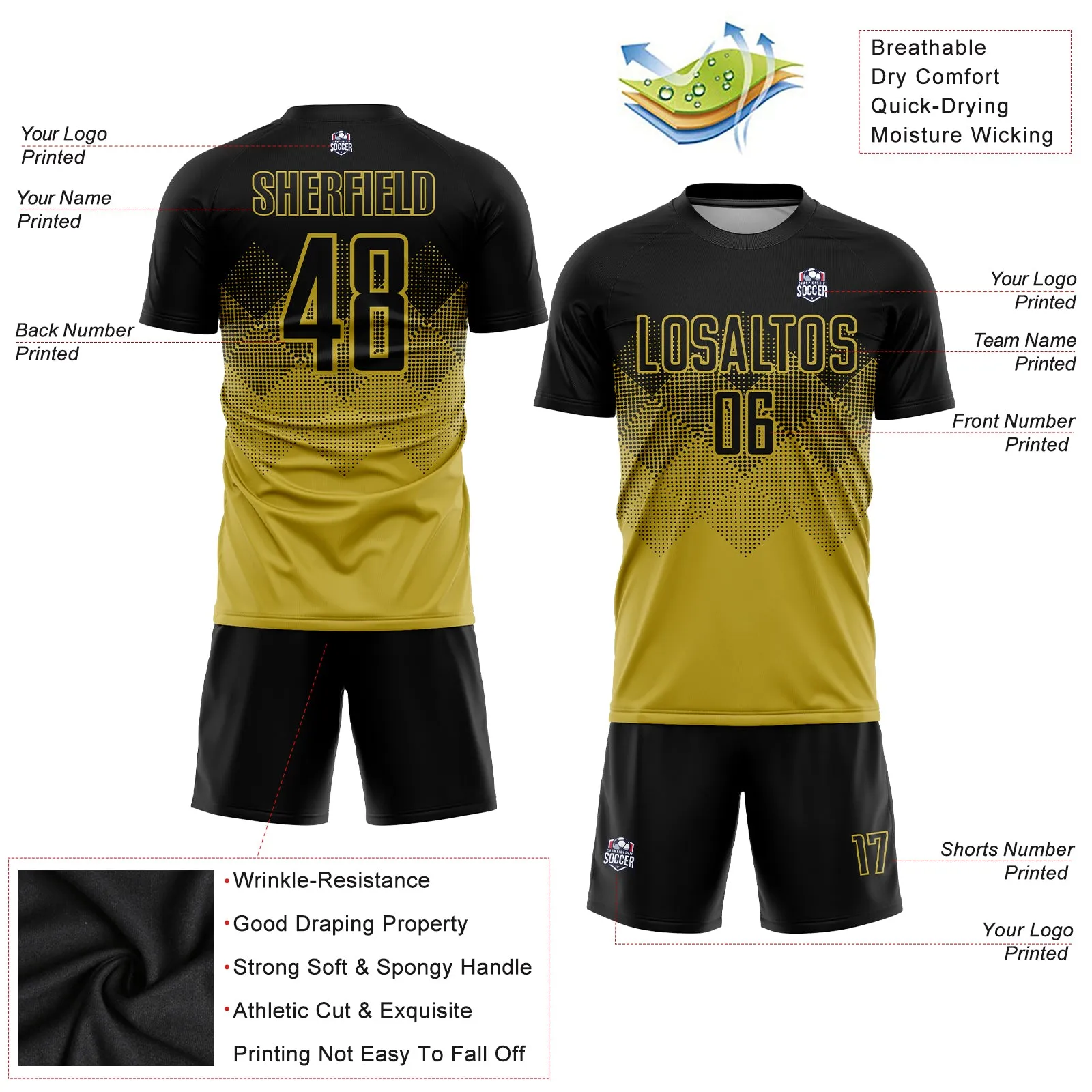Custom Old Gold Black Sublimation Soccer Uniform Jersey FansIdea