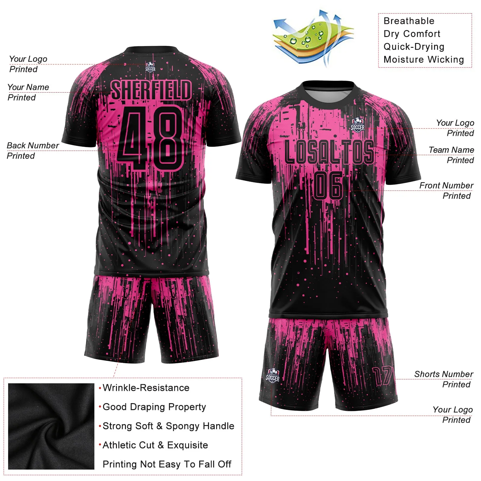 Custom Pink Black Sublimation Soccer Uniform Jersey FansIdea