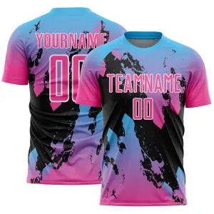 Custom Pink Sky Blue-Black Splash Sublimation Soccer Uniform Jersey FansIdea