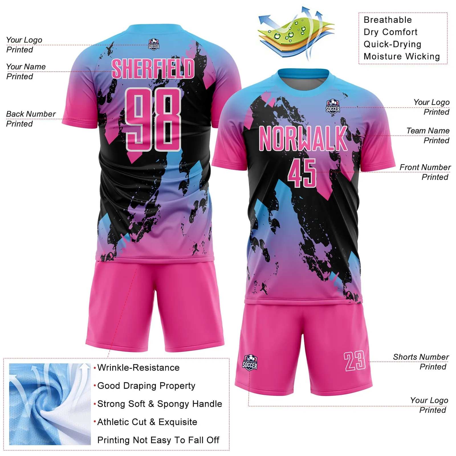Custom Pink Sky Blue-Black Splash Sublimation Soccer Uniform Jersey FansIdea