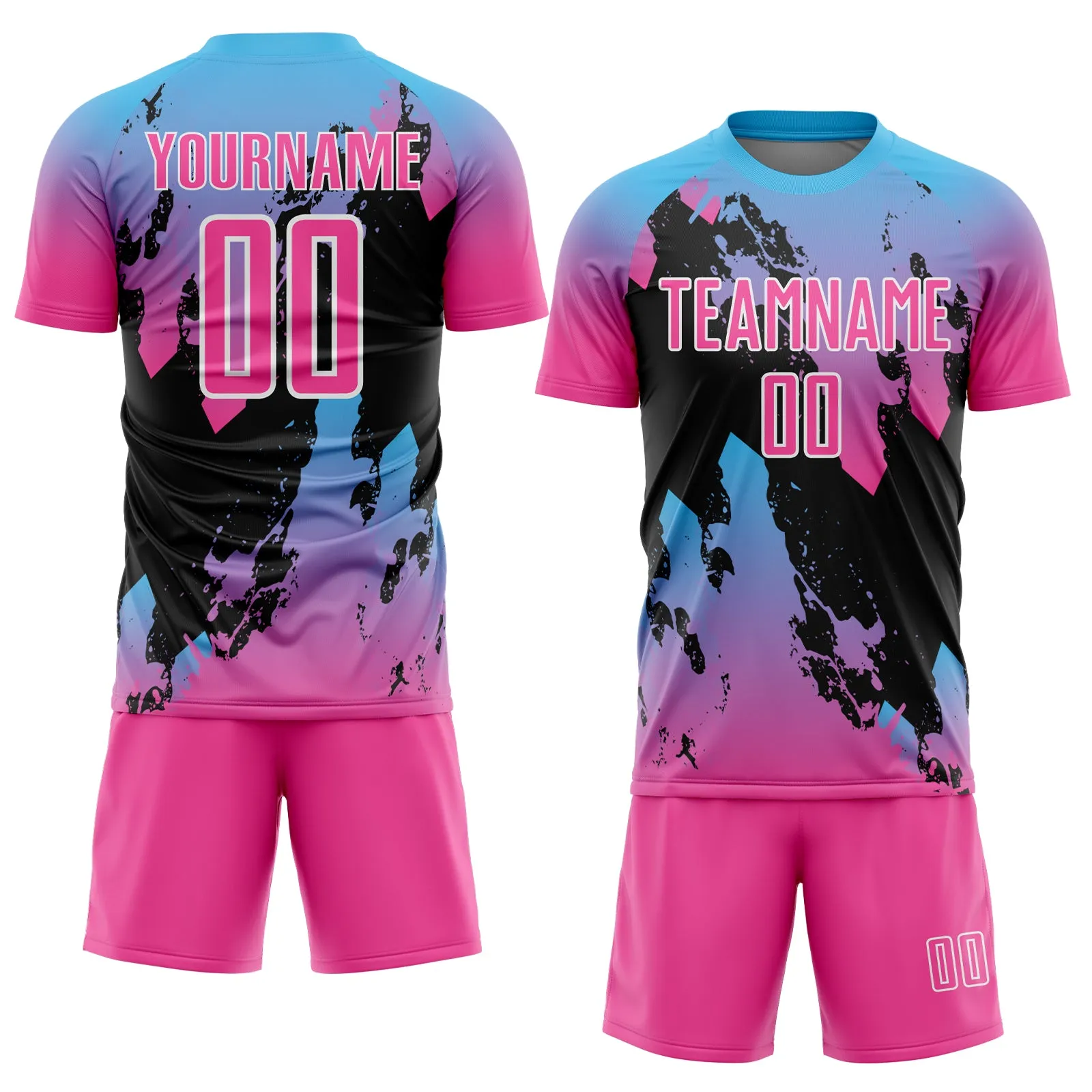 Custom Pink Sky Blue-Black Splash Sublimation Soccer Uniform Jersey FansIdea