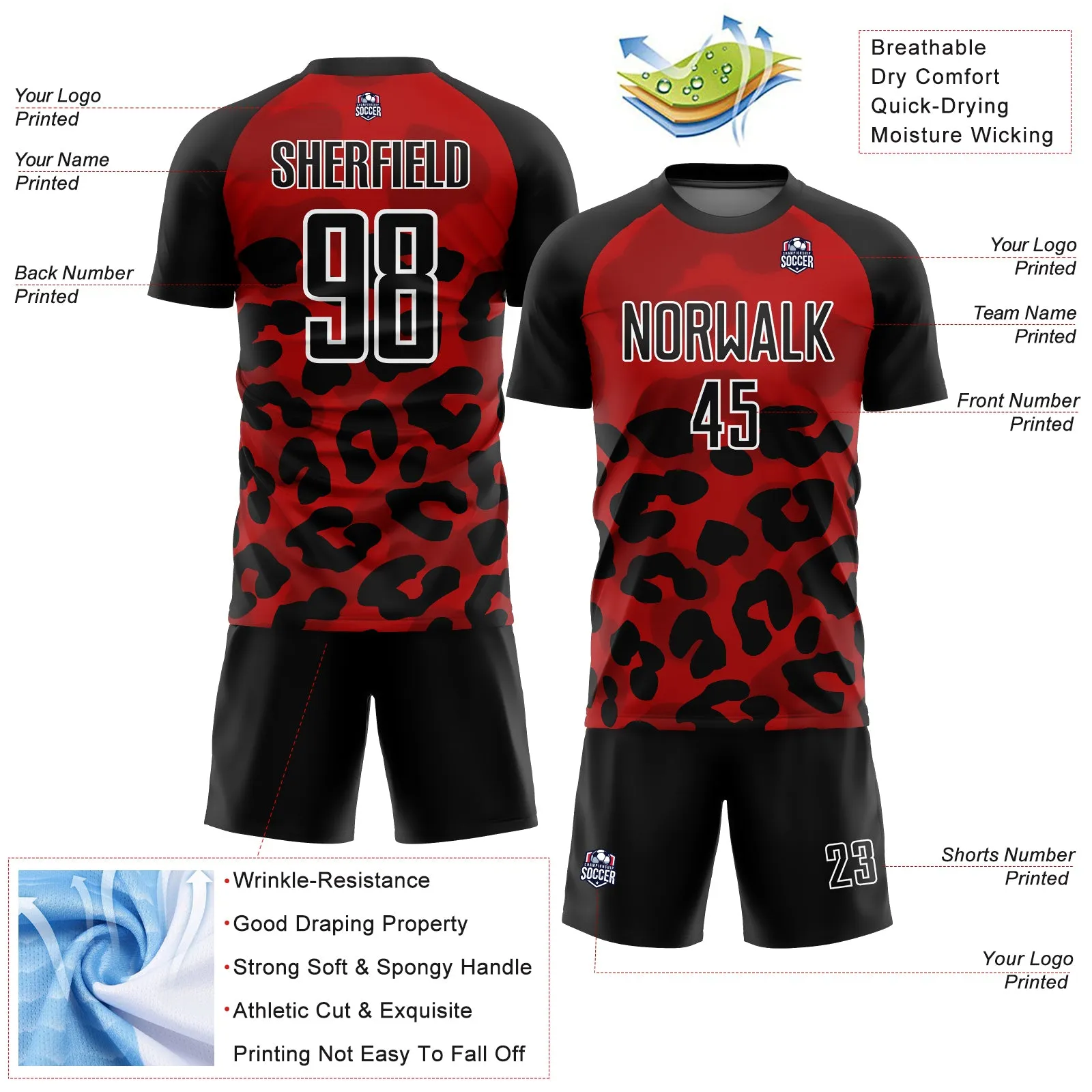 Custom Red Black-White Animal Print Sublimation Soccer Uniform Jersey FansIdea