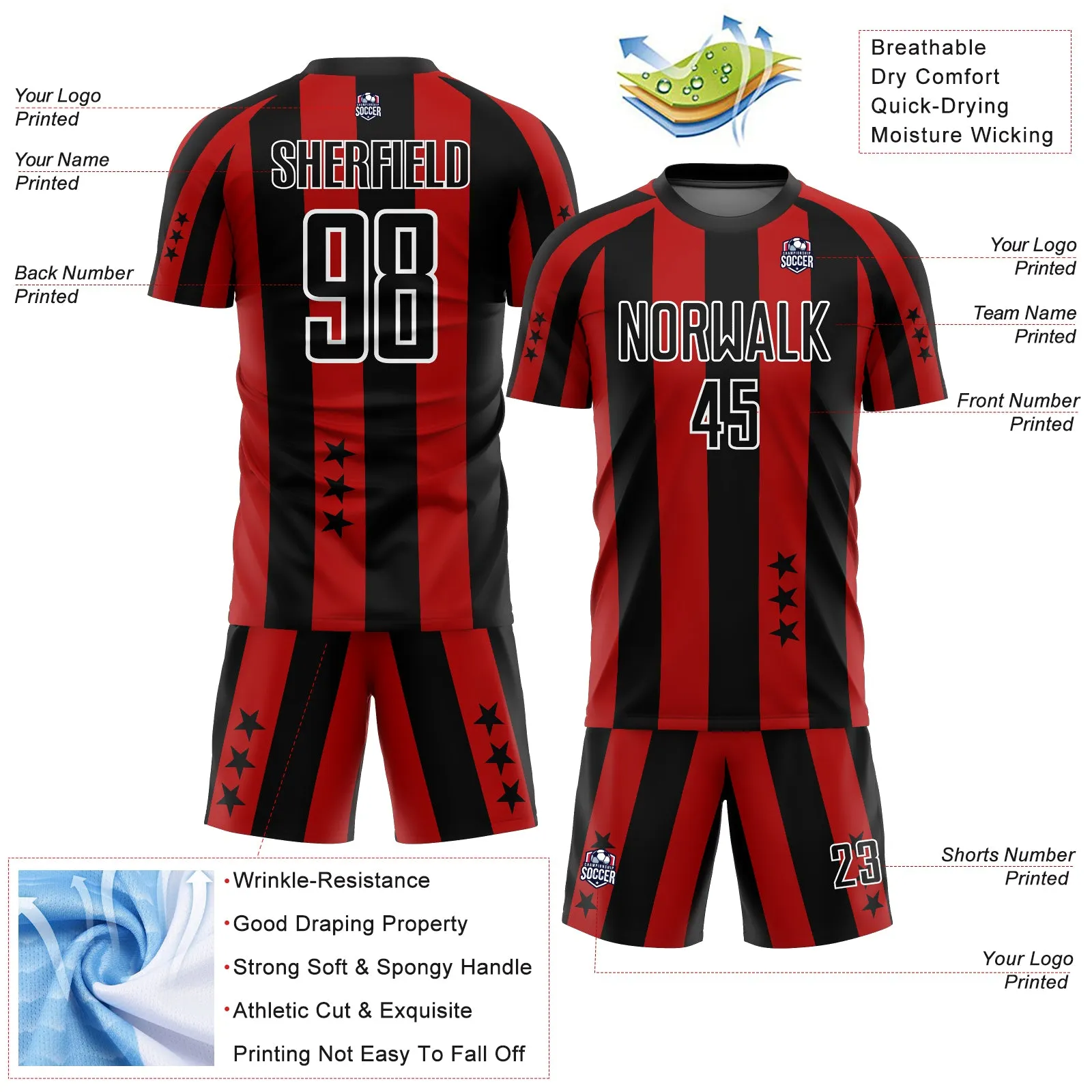 Custom Red Black-White Stars And Squares Sublimation Soccer Uniform Jersey FansIdea