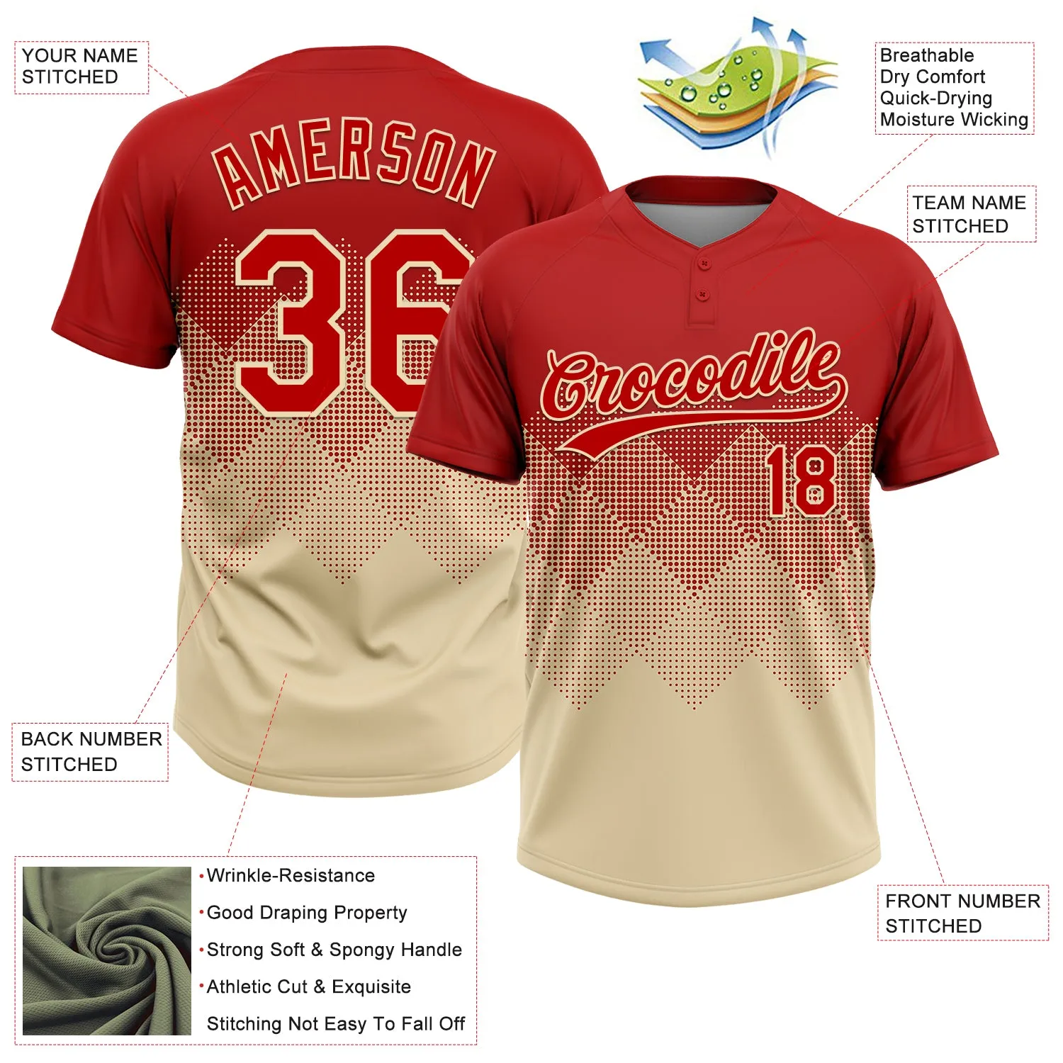 Custom Red Cream 3D Gradient Square Shape Two-Button Unisex Softball Jersey FansIdea