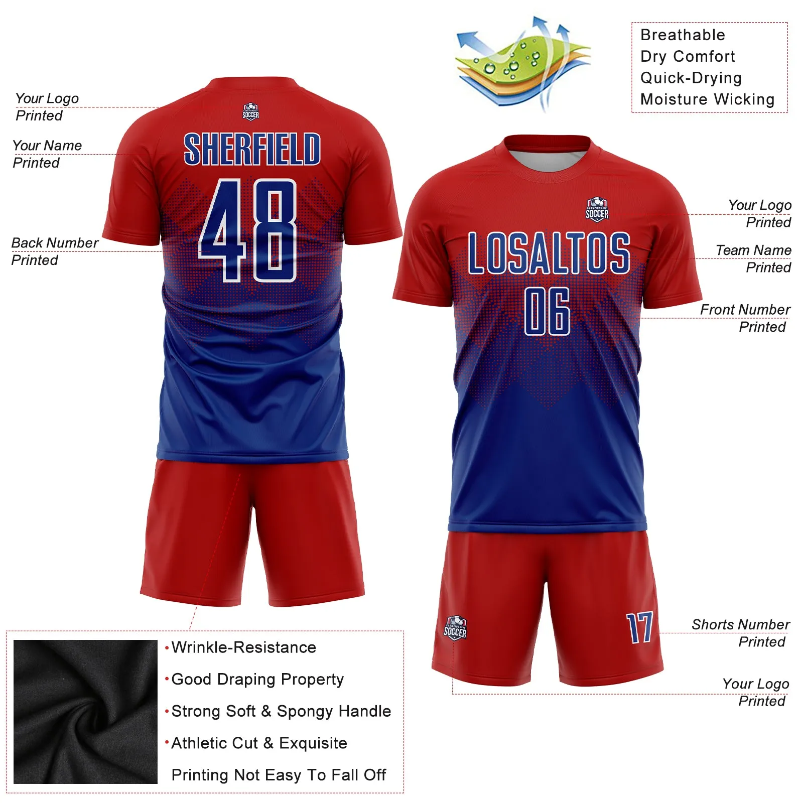 Custom Red Royal-White Sublimation Soccer Uniform Jersey FansIdea