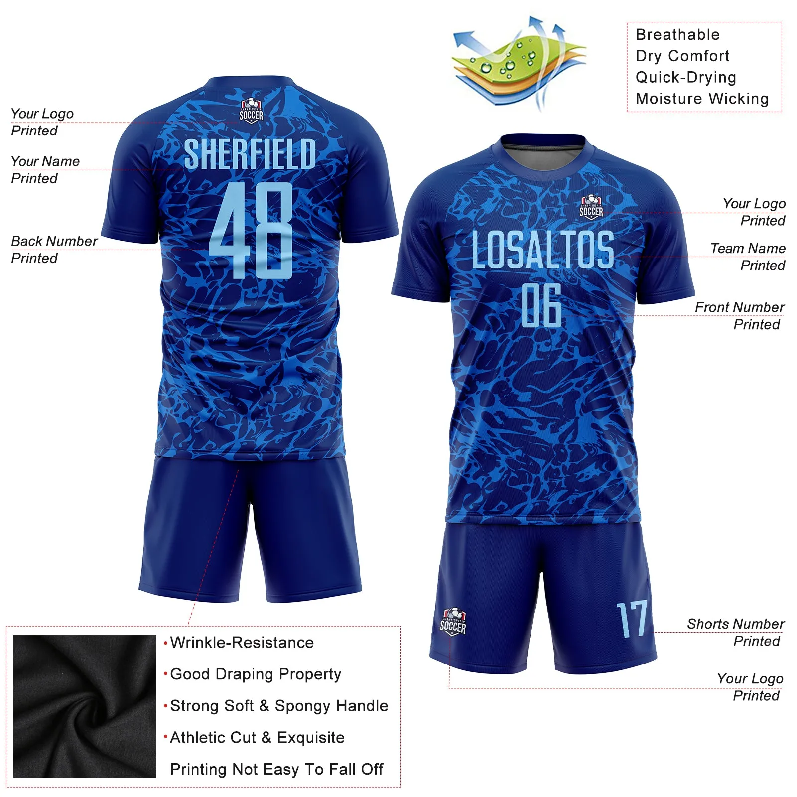 Custom Royal Light Blue Sublimation Soccer Uniform Jersey FansIdea