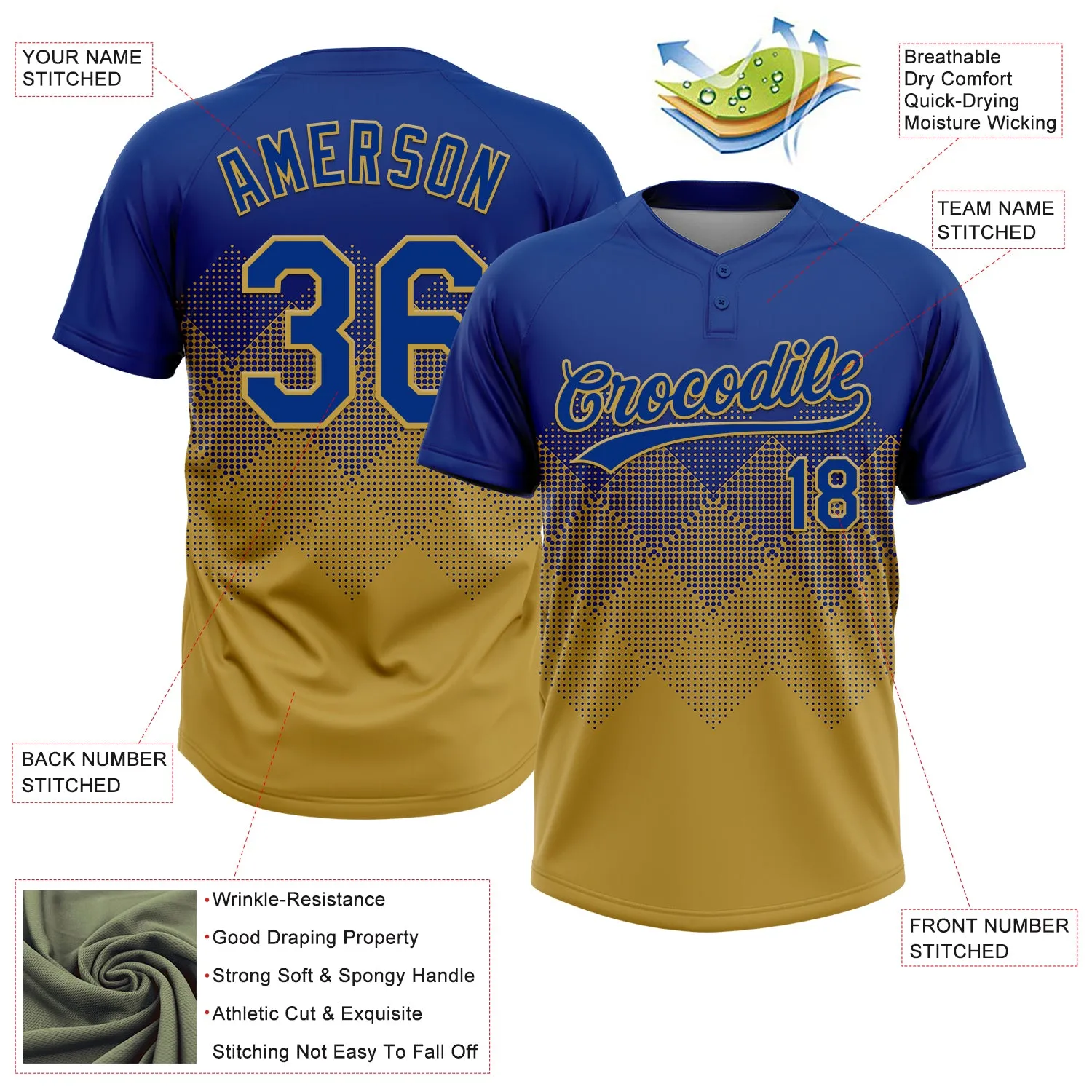 Custom Royal Old Gold 3D Gradient Square Shape Two-Button Unisex Softball Jersey FansIdea