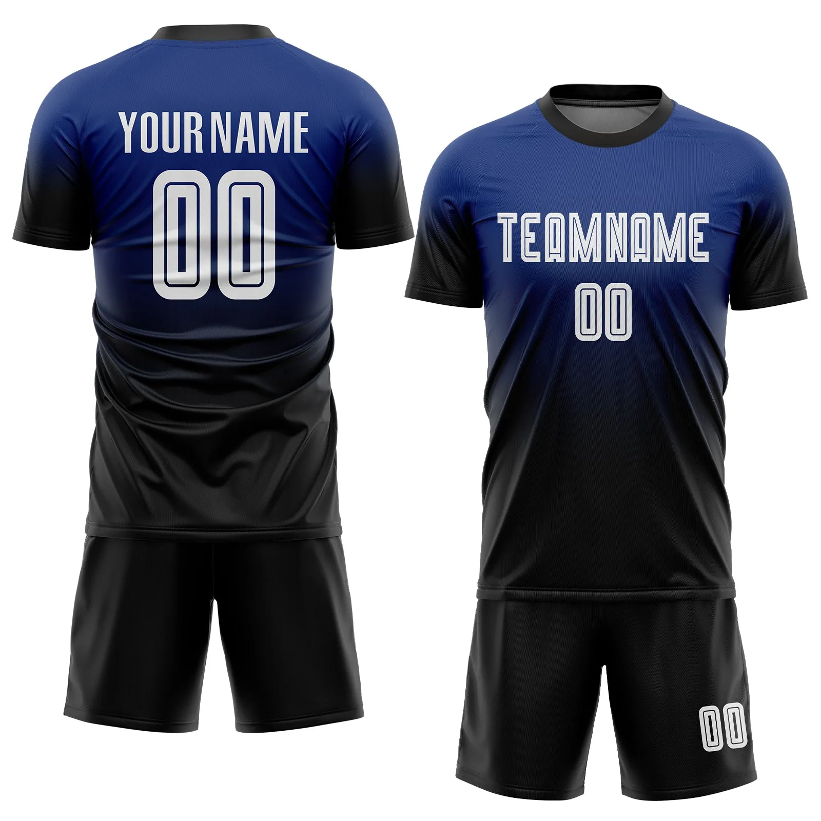 Custom Royal White-Black Sublimation Fade Fashion Soccer Uniform Jersey FansIdea