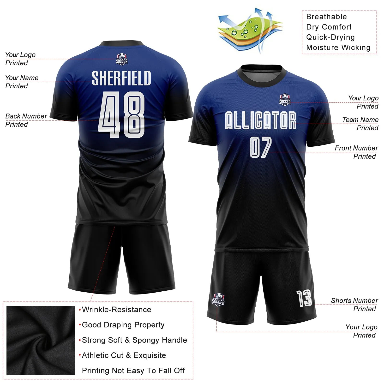 Custom Royal White-Black Sublimation Fade Fashion Soccer Uniform Jersey FansIdea