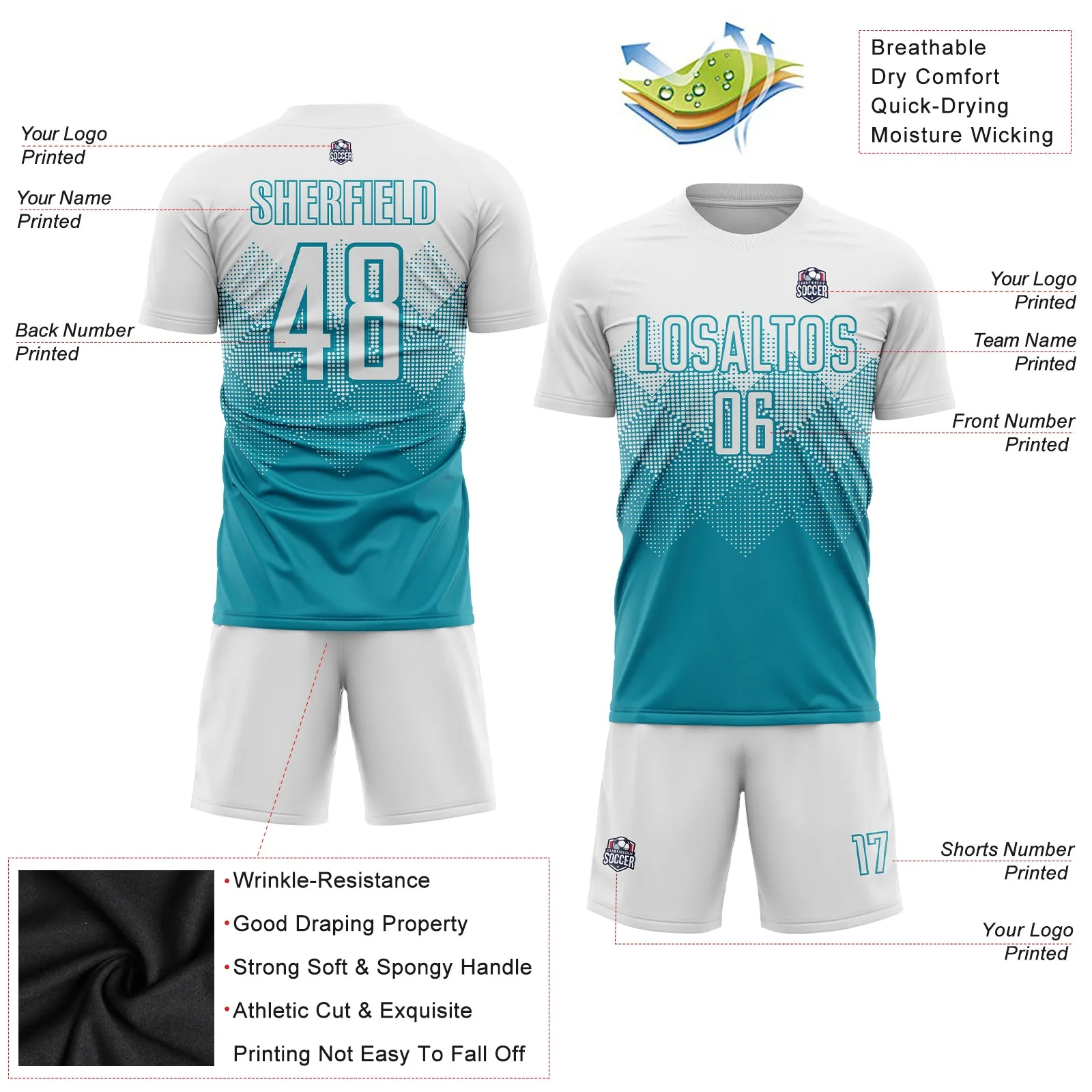 Custom Teal White Sublimation Soccer Uniform Jersey FansIdea