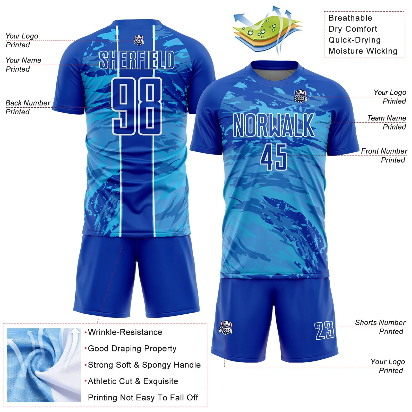 Custom Thunder Blue Sky Blue-White Abstract Fluid Sublimation Soccer Uniform Jersey FansIdea