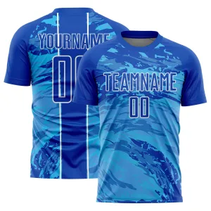 Custom Thunder Blue Sky Blue-White Abstract Fluid Sublimation Soccer Uniform Jersey FansIdea