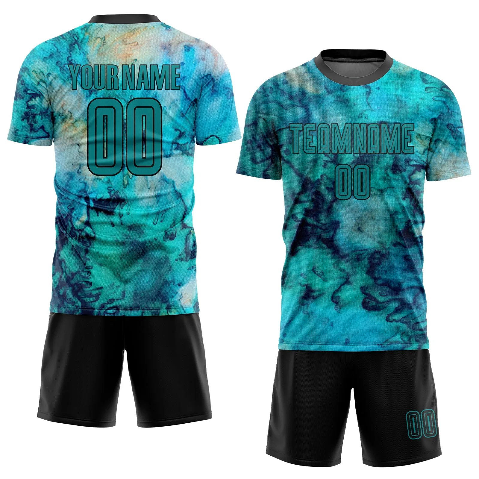 Custom Tie Dye Teal-Black Sublimation Soccer Uniform Jersey FansIdea